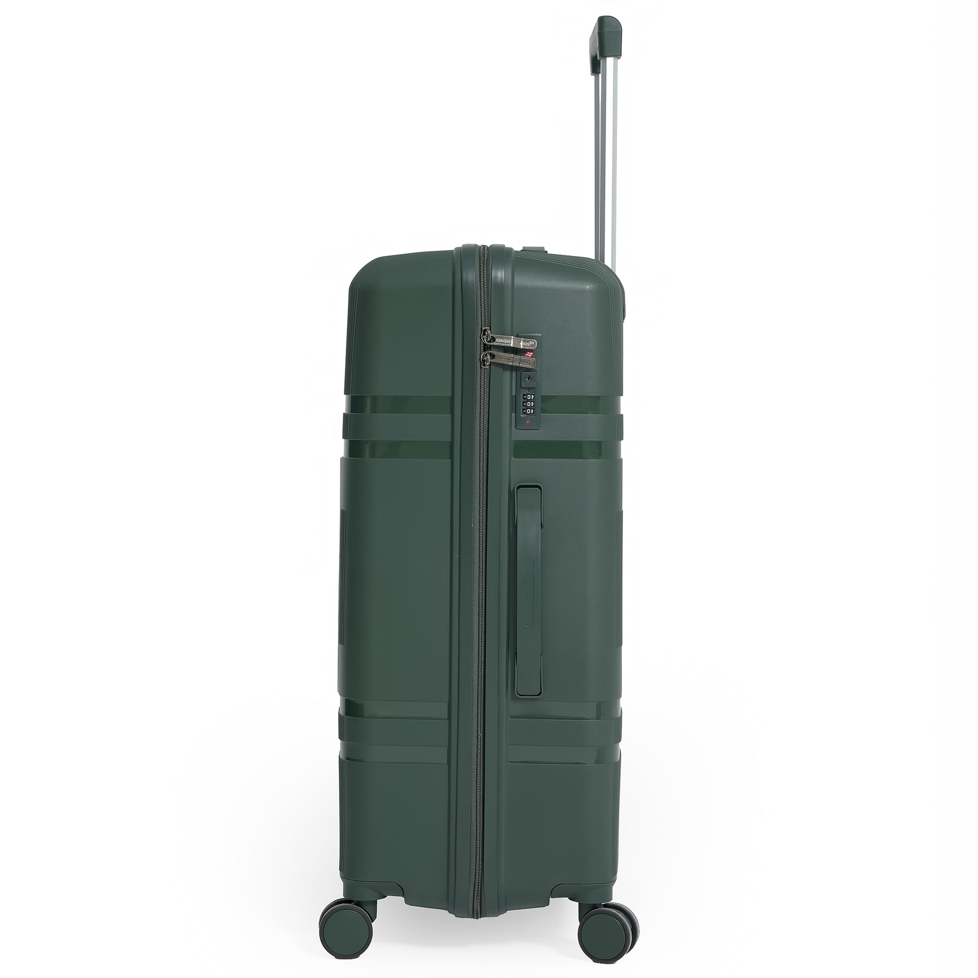 Green suitcase with a handle and wheels on a white background