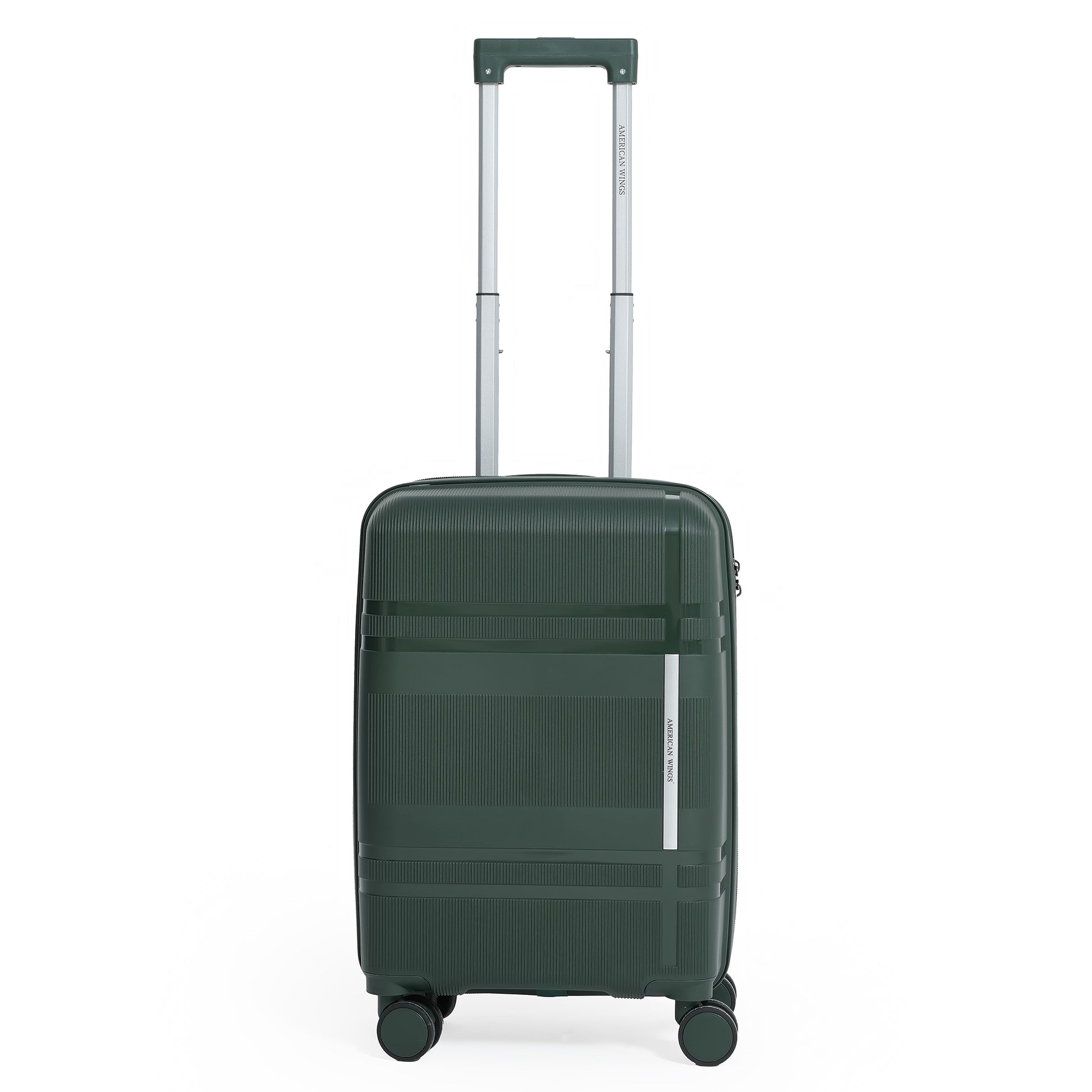 Green suitcase with a handle on a white background