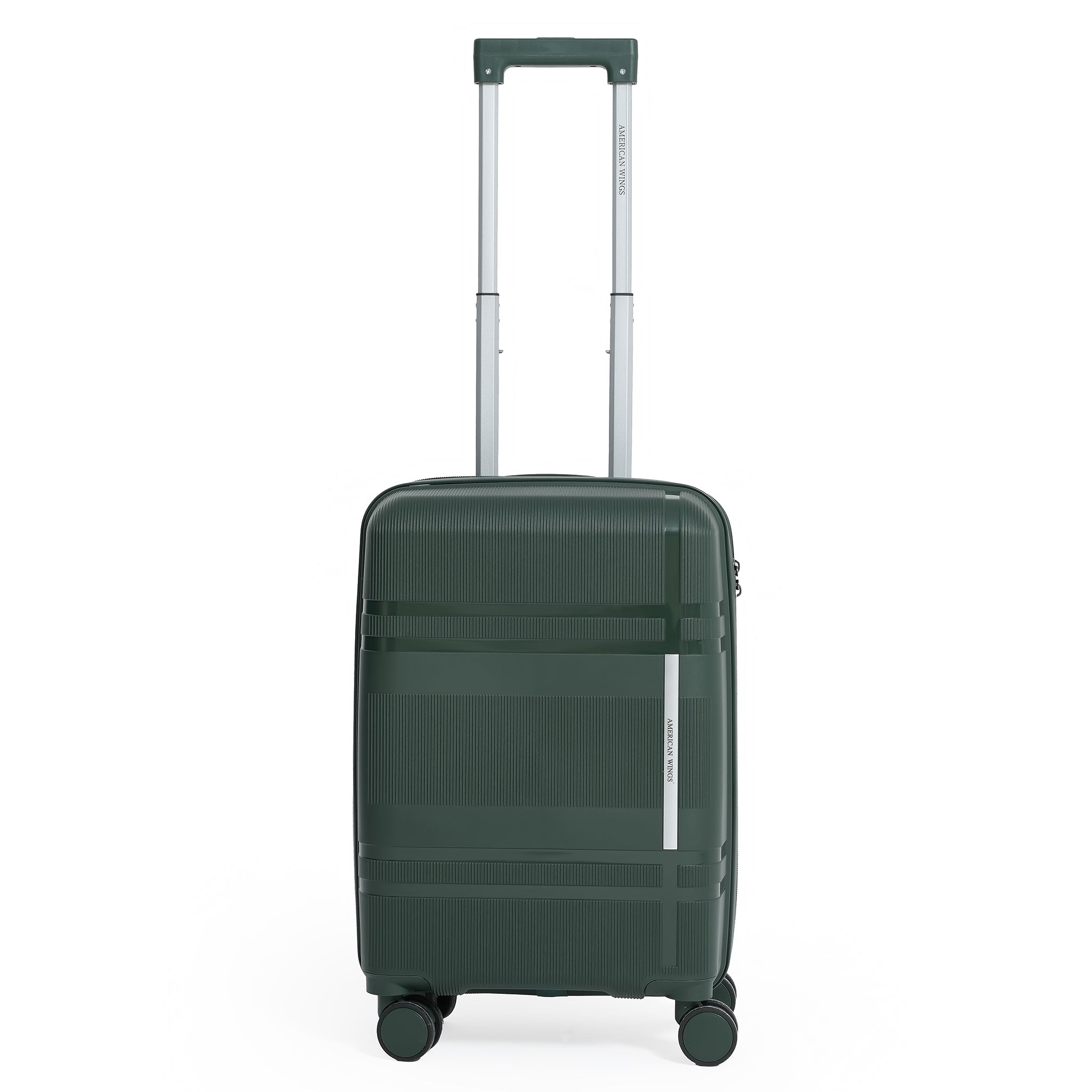 Green suitcase with a handle on a white background