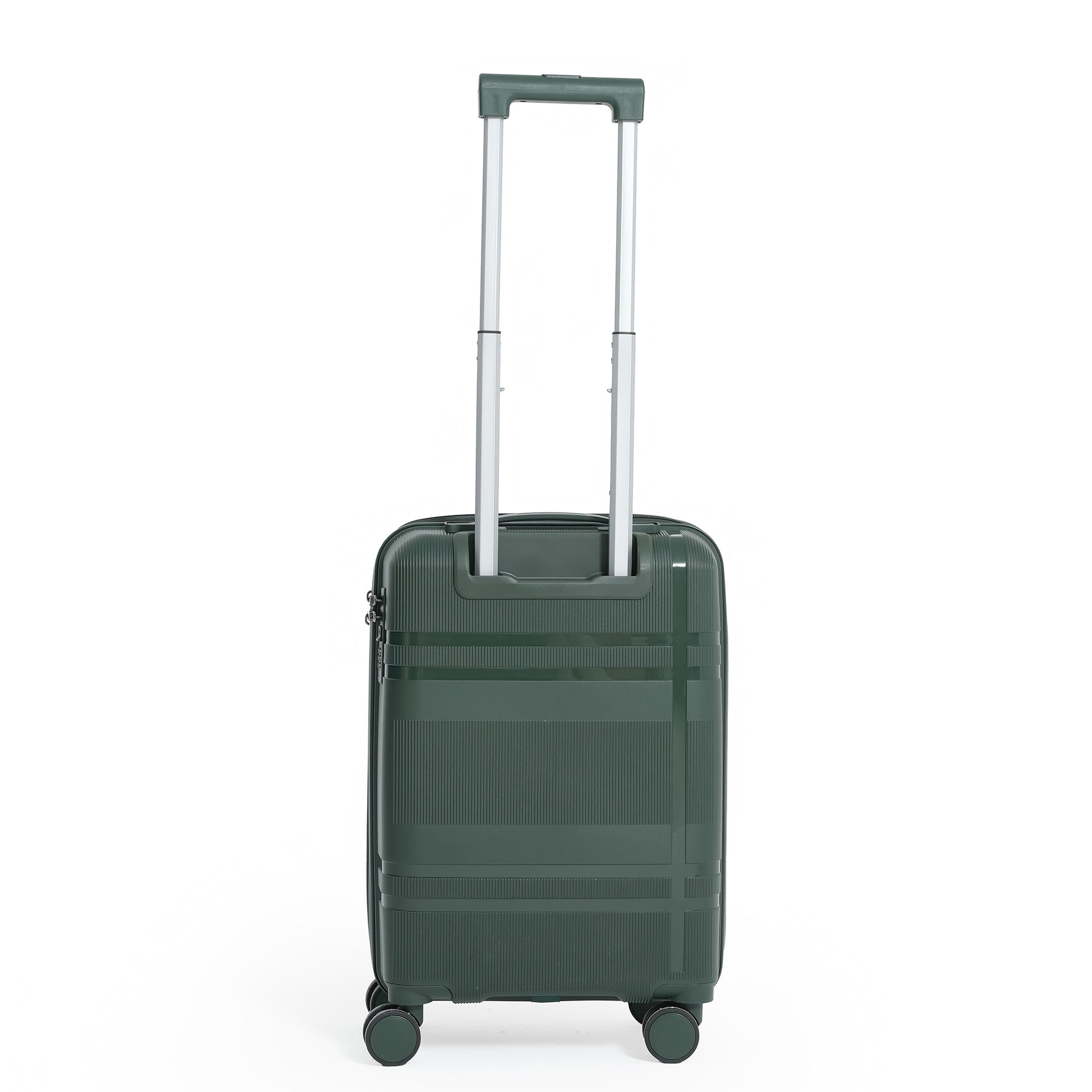 Green suitcase with a rolling handle on a white background
