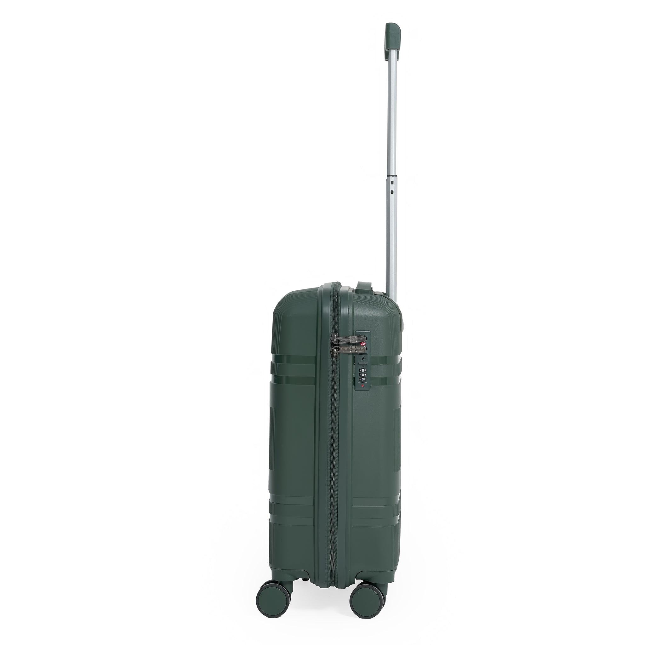 Green suitcase with a rolling handle on a white background