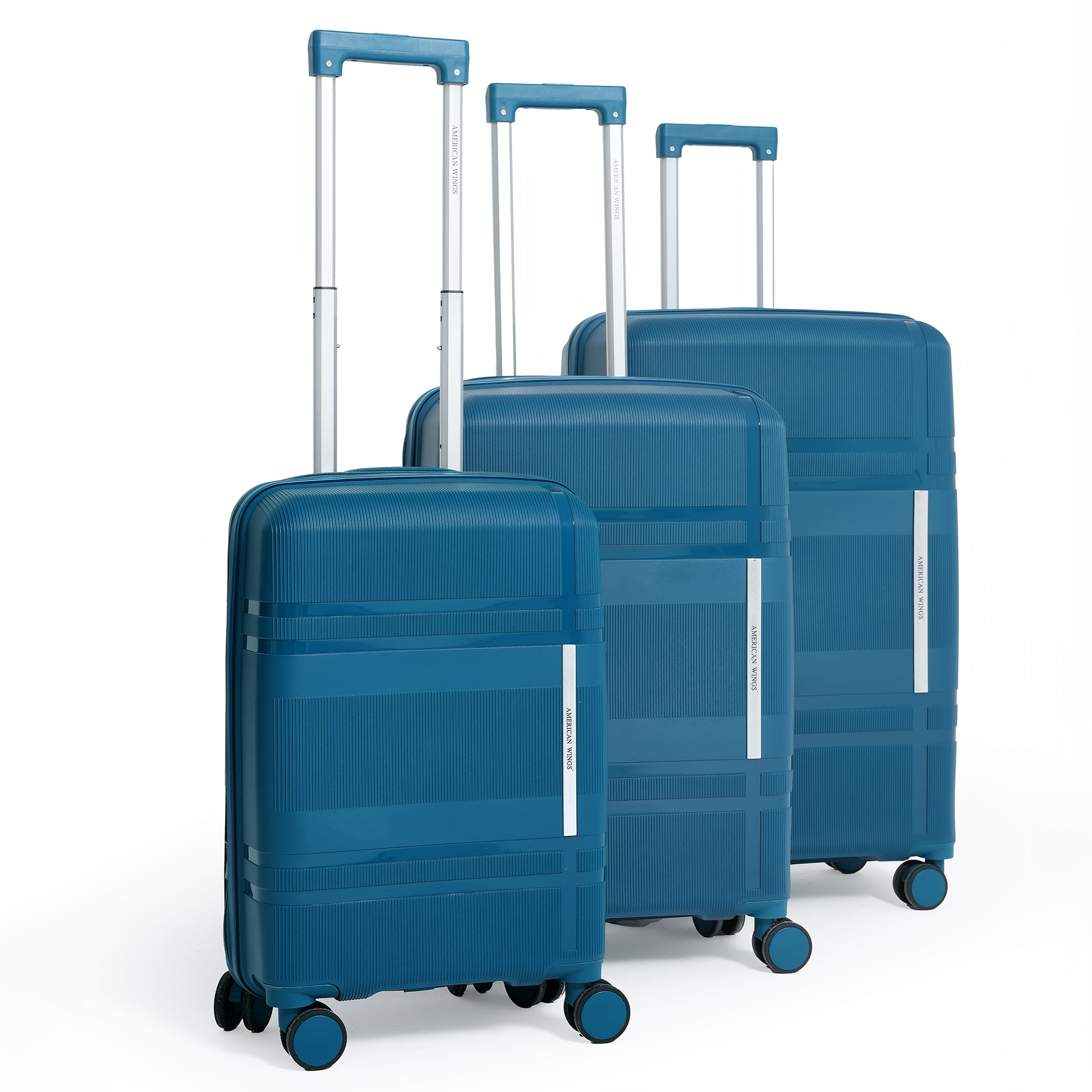Set of blue suitcases with wheels on a white background