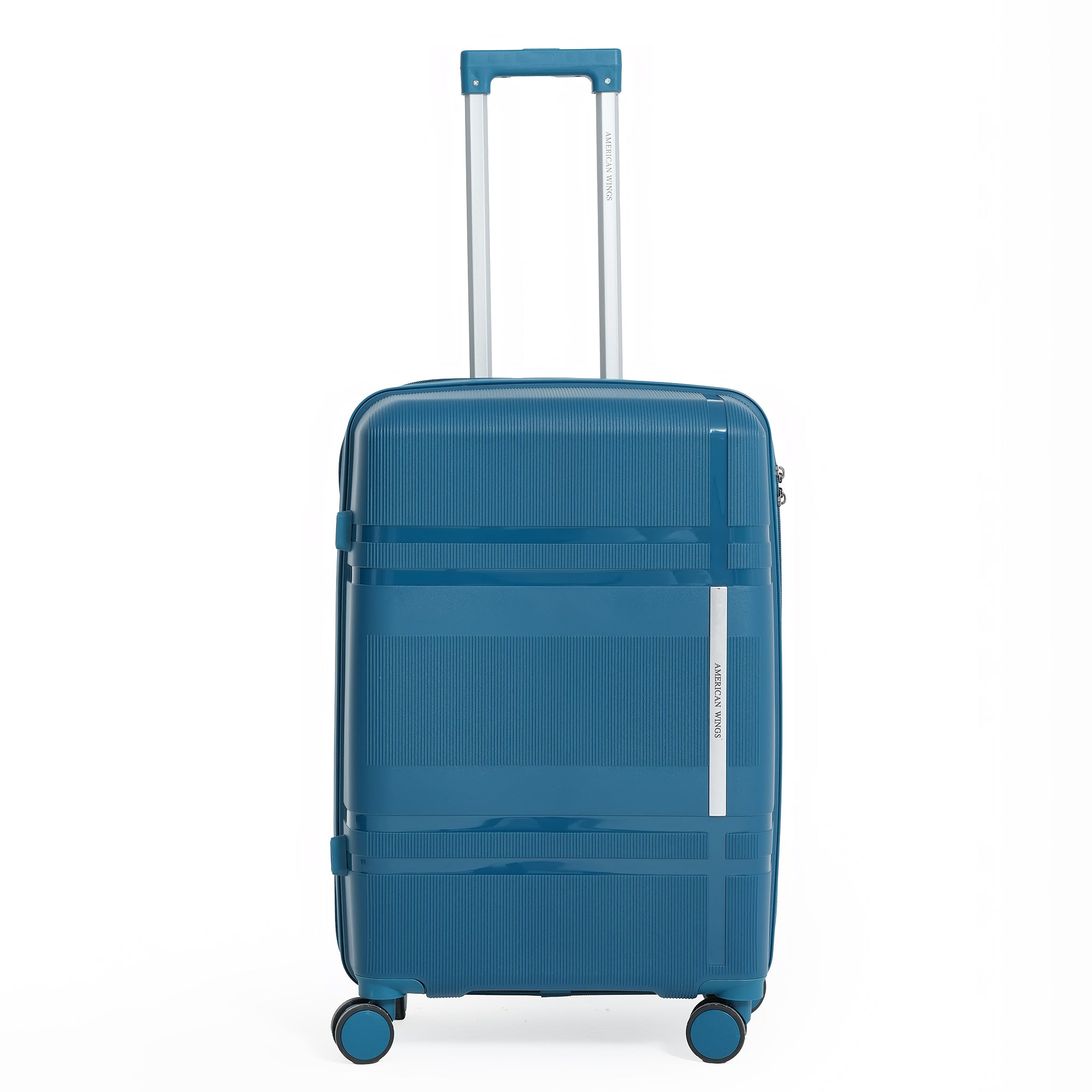 Blue suitcase with a handle on a white background
