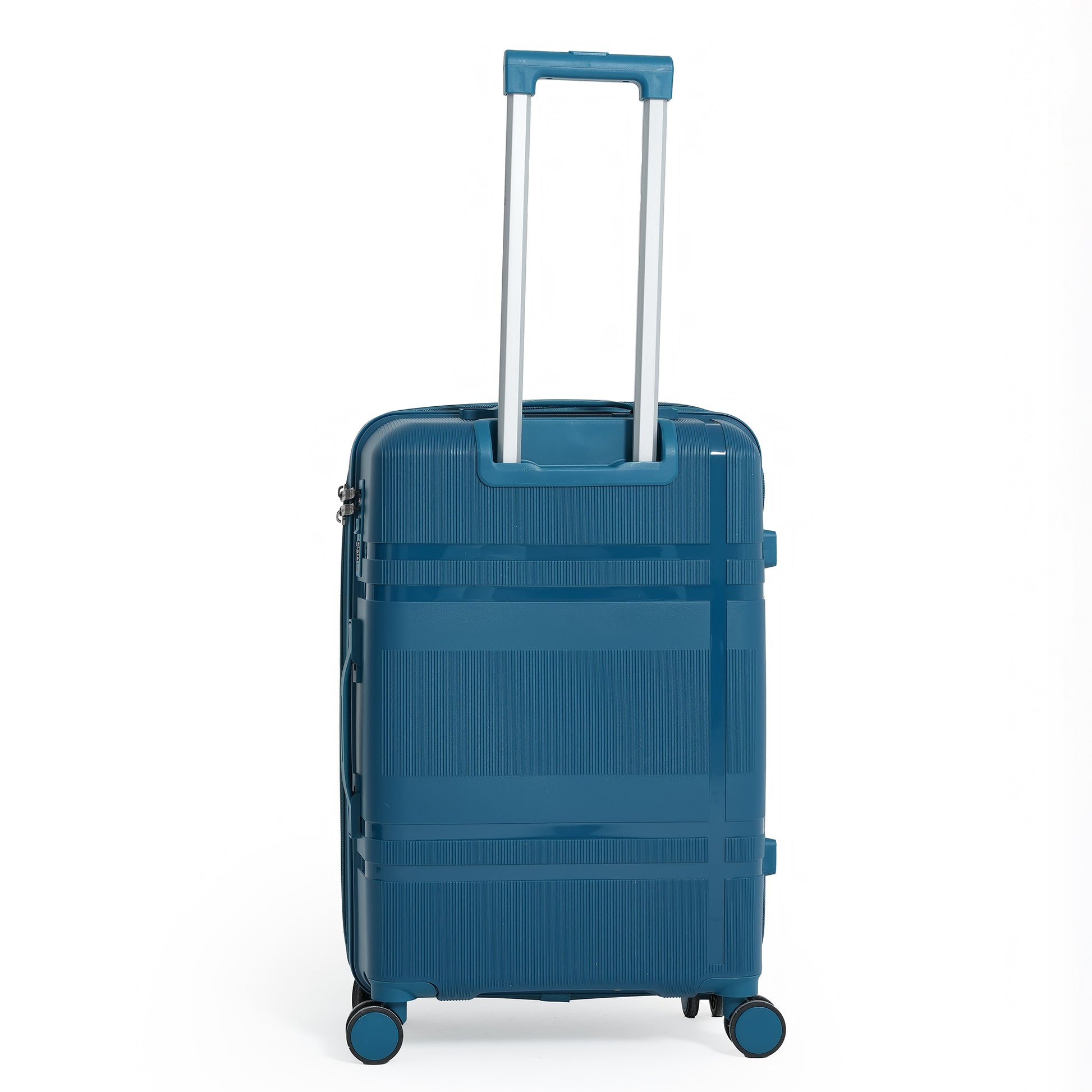 Blue suitcase with wheels and a handle on a white background