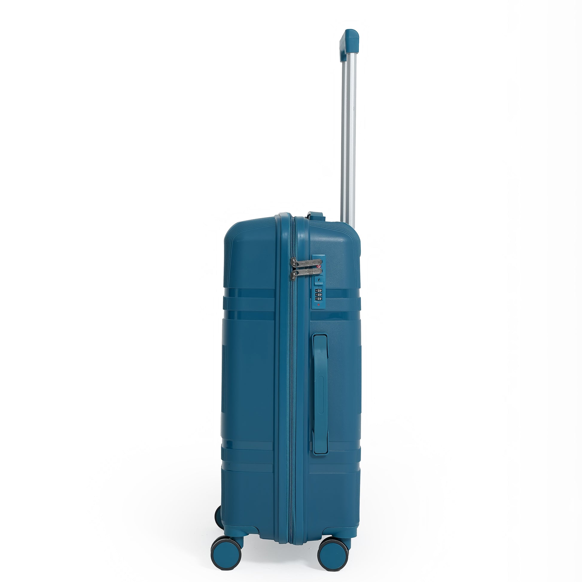 Blue suitcase with a handle and wheels on a white background