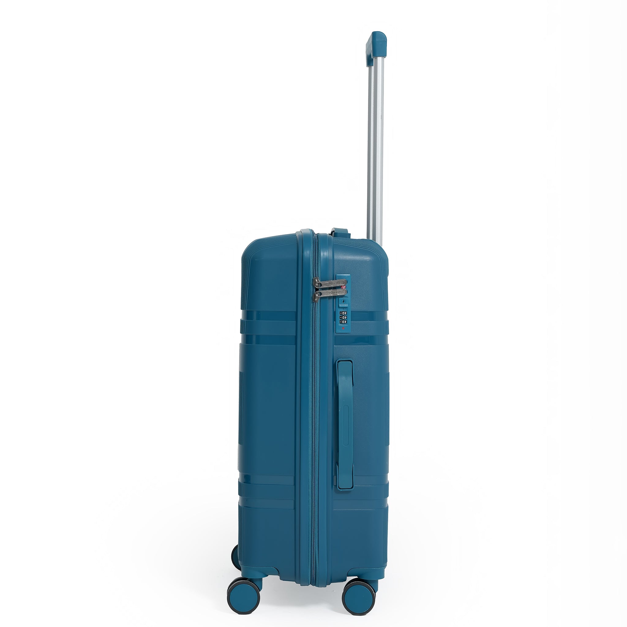 Blue suitcase with a handle and wheels on a white background