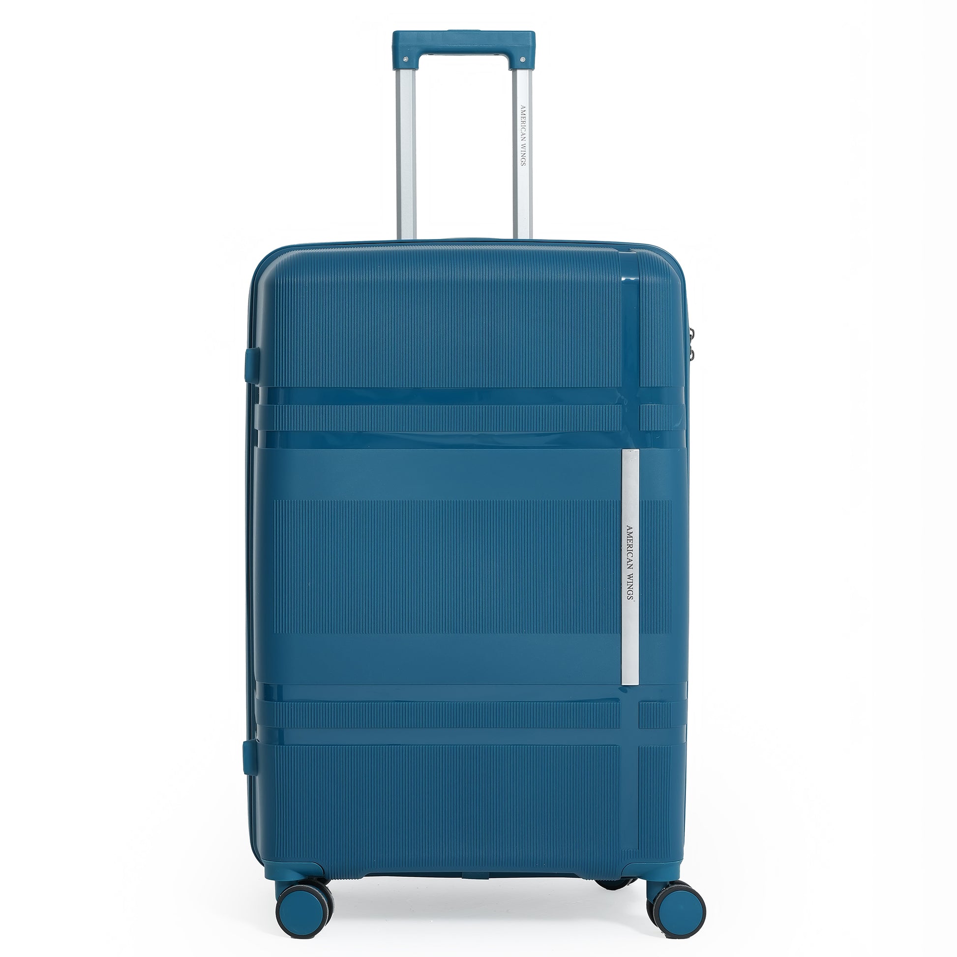 Blue suitcase with a visible brand logo on a white background