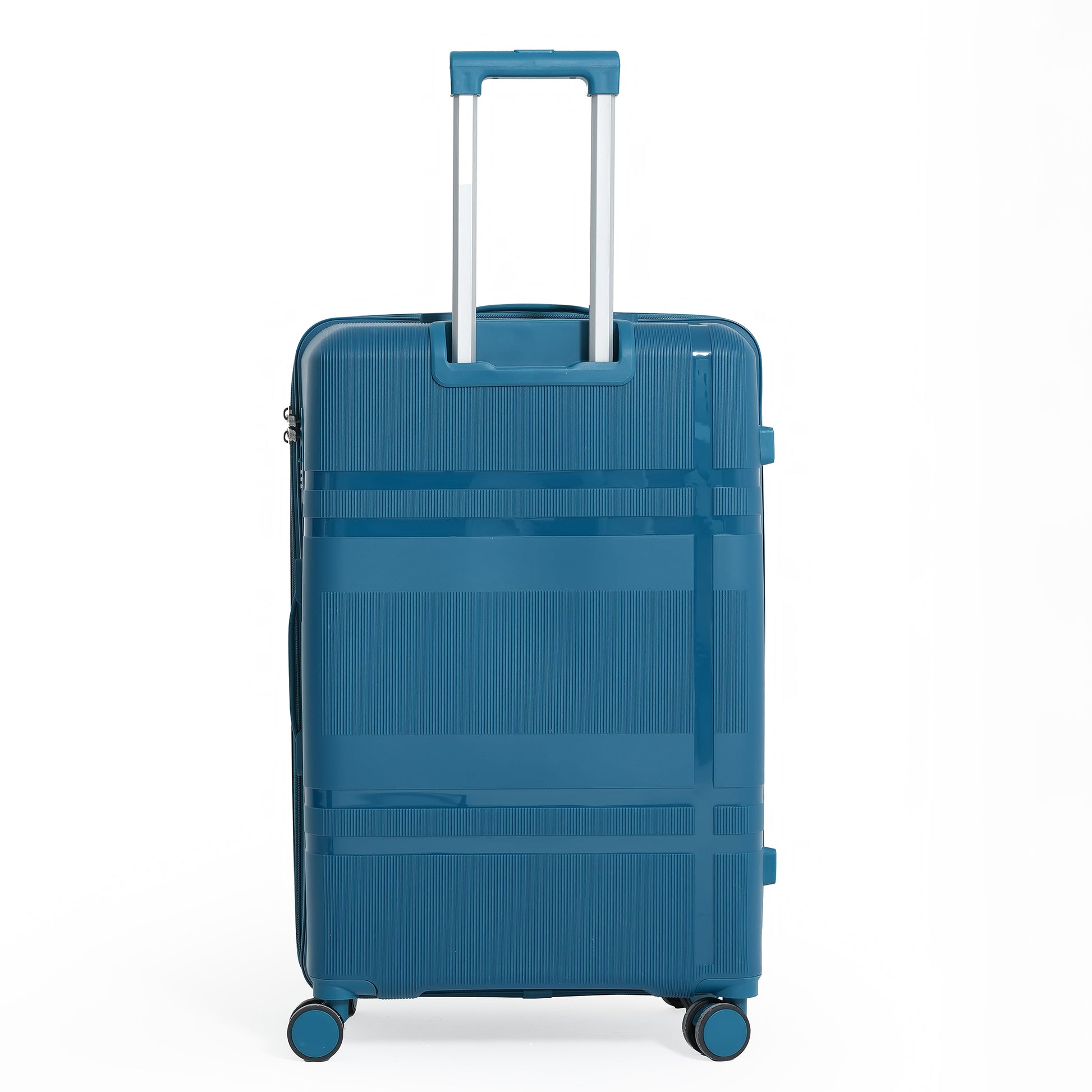 Blue suitcase with wheels and handle on a white background