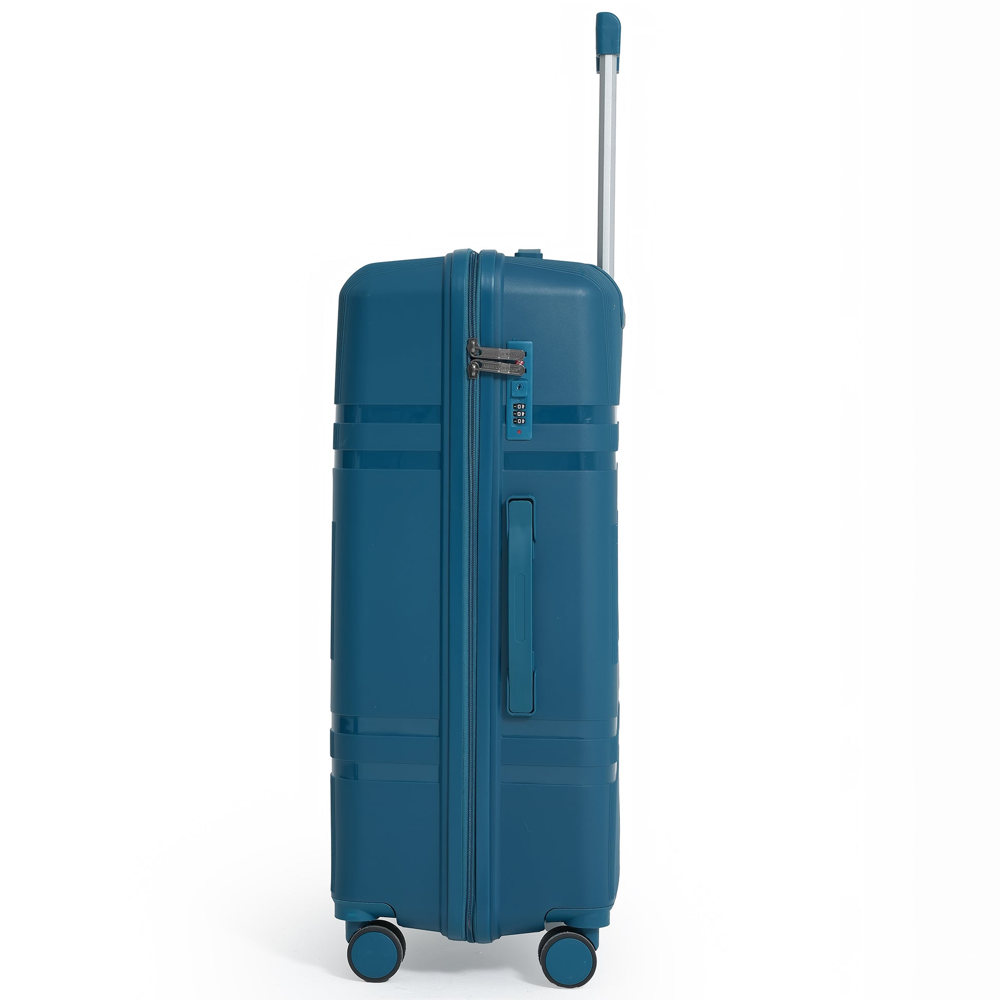 Blue suitcase with wheels on a white background