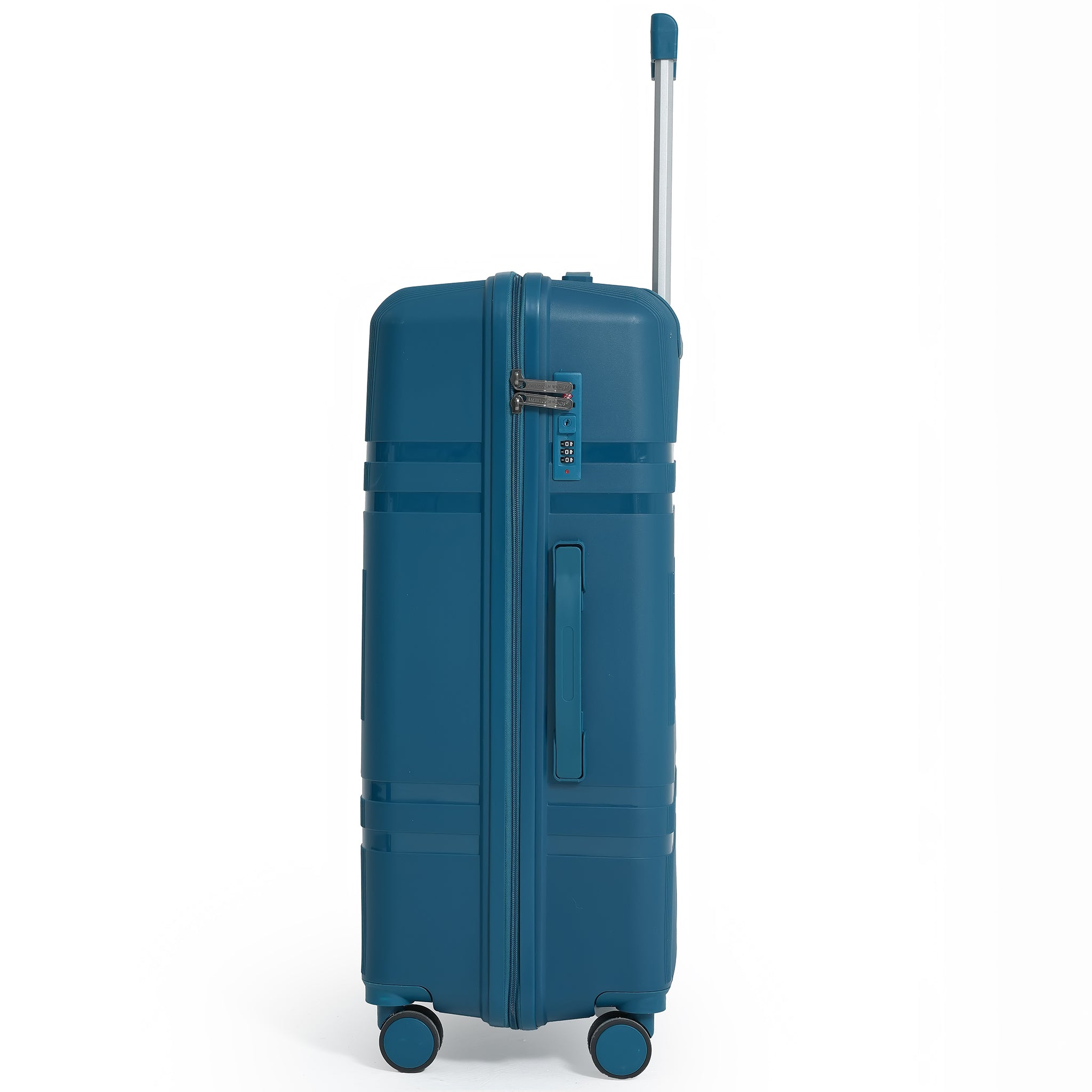 Blue suitcase with wheels on a white background