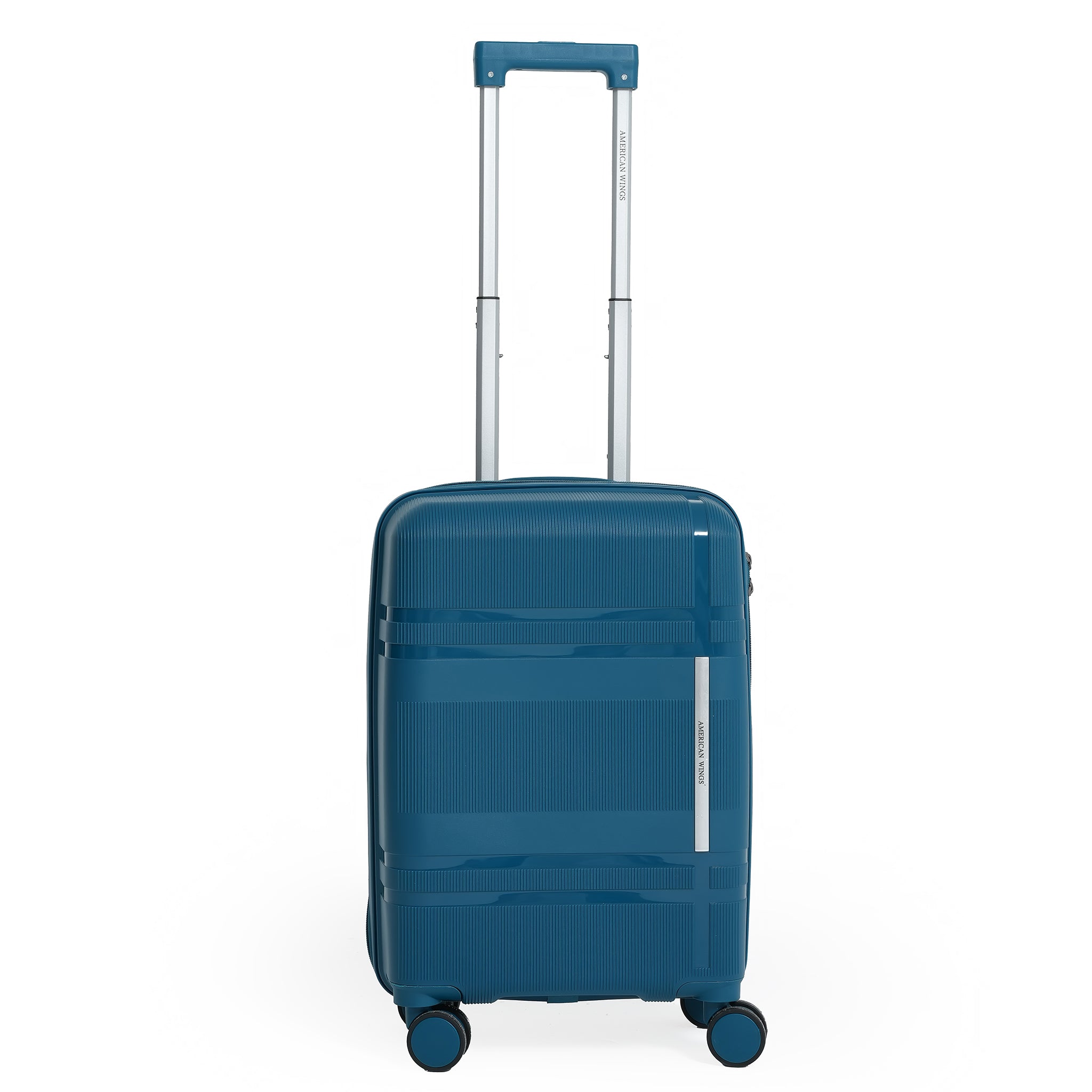 Blue suitcase with a handle on a white background