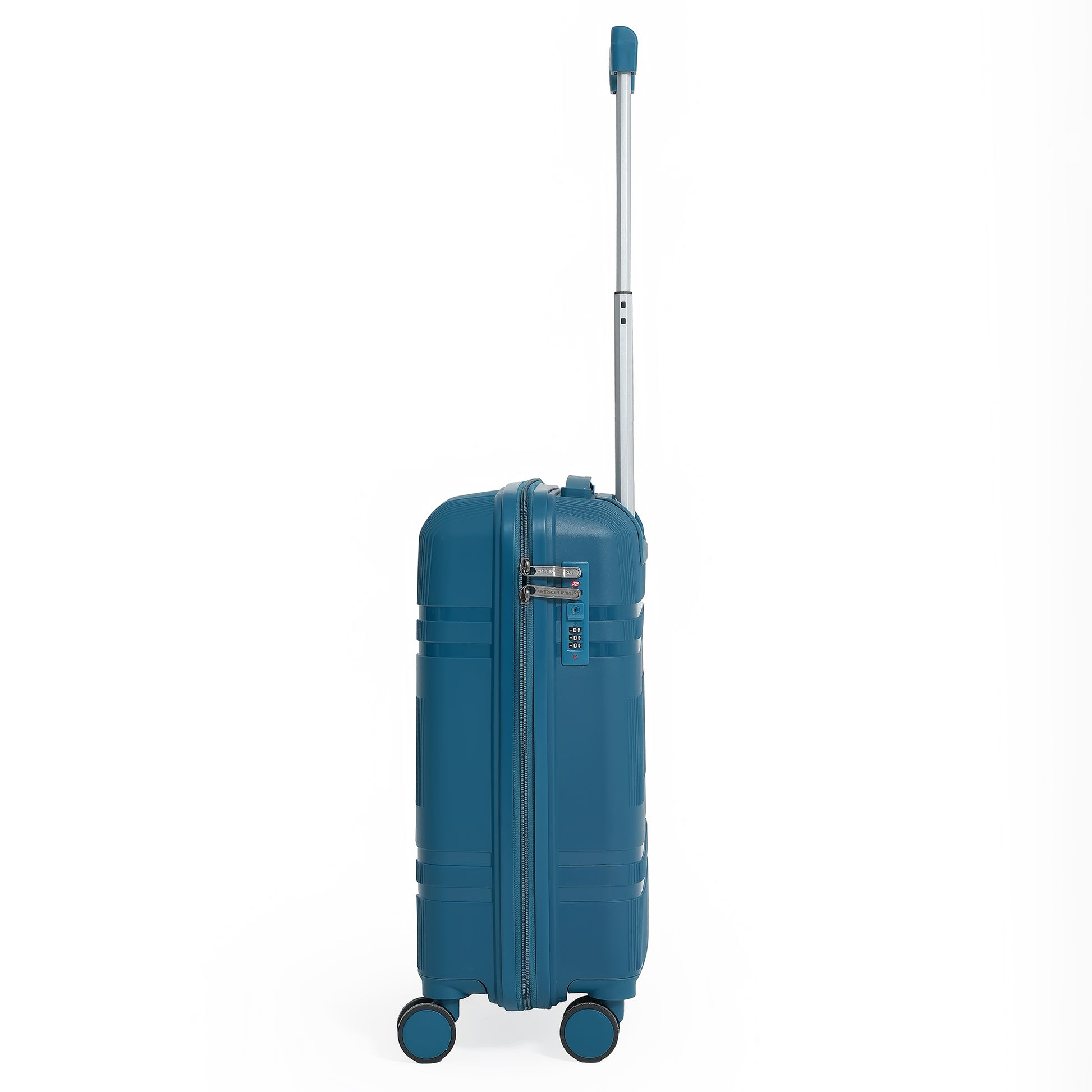 Blue suitcase with wheels and a handle on a white background