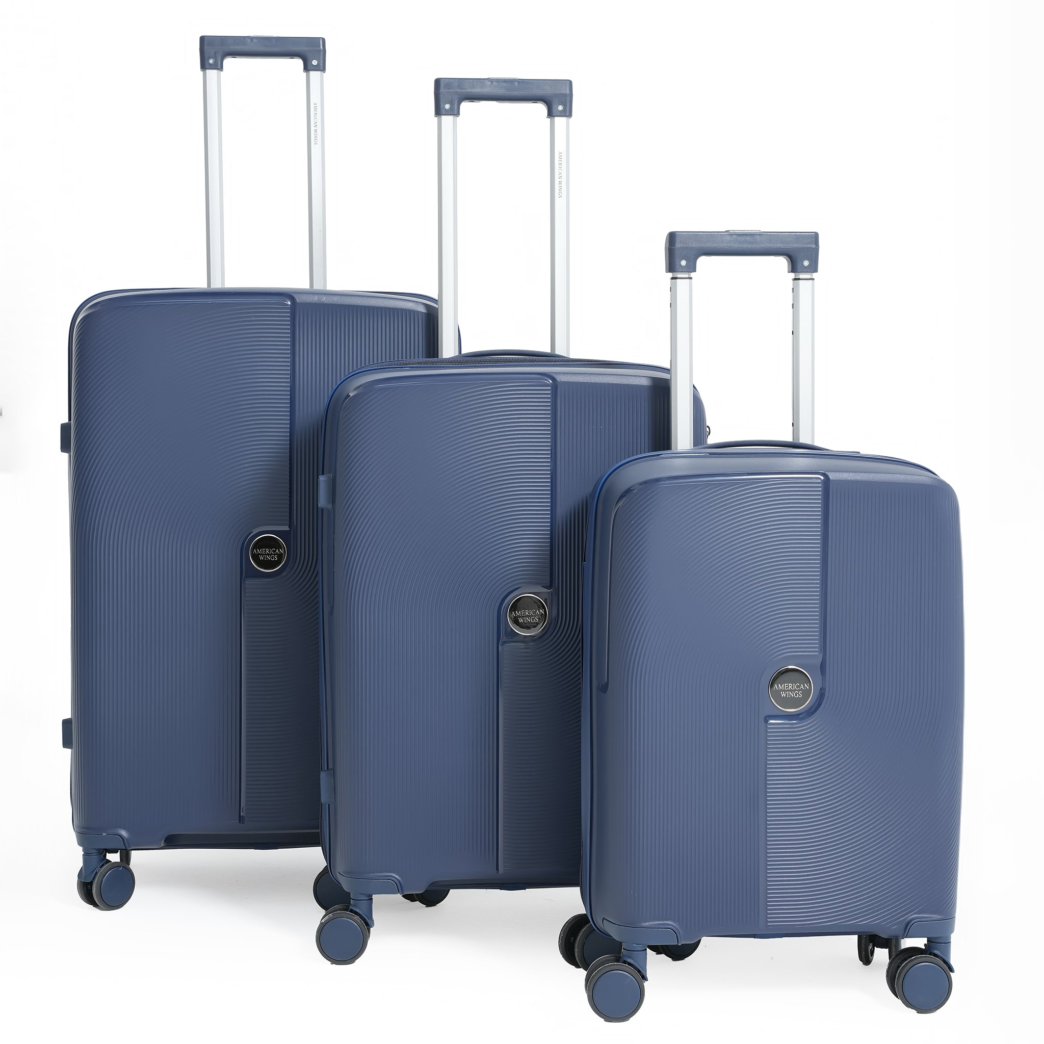 Three blue suitcases of different sizes on a white background