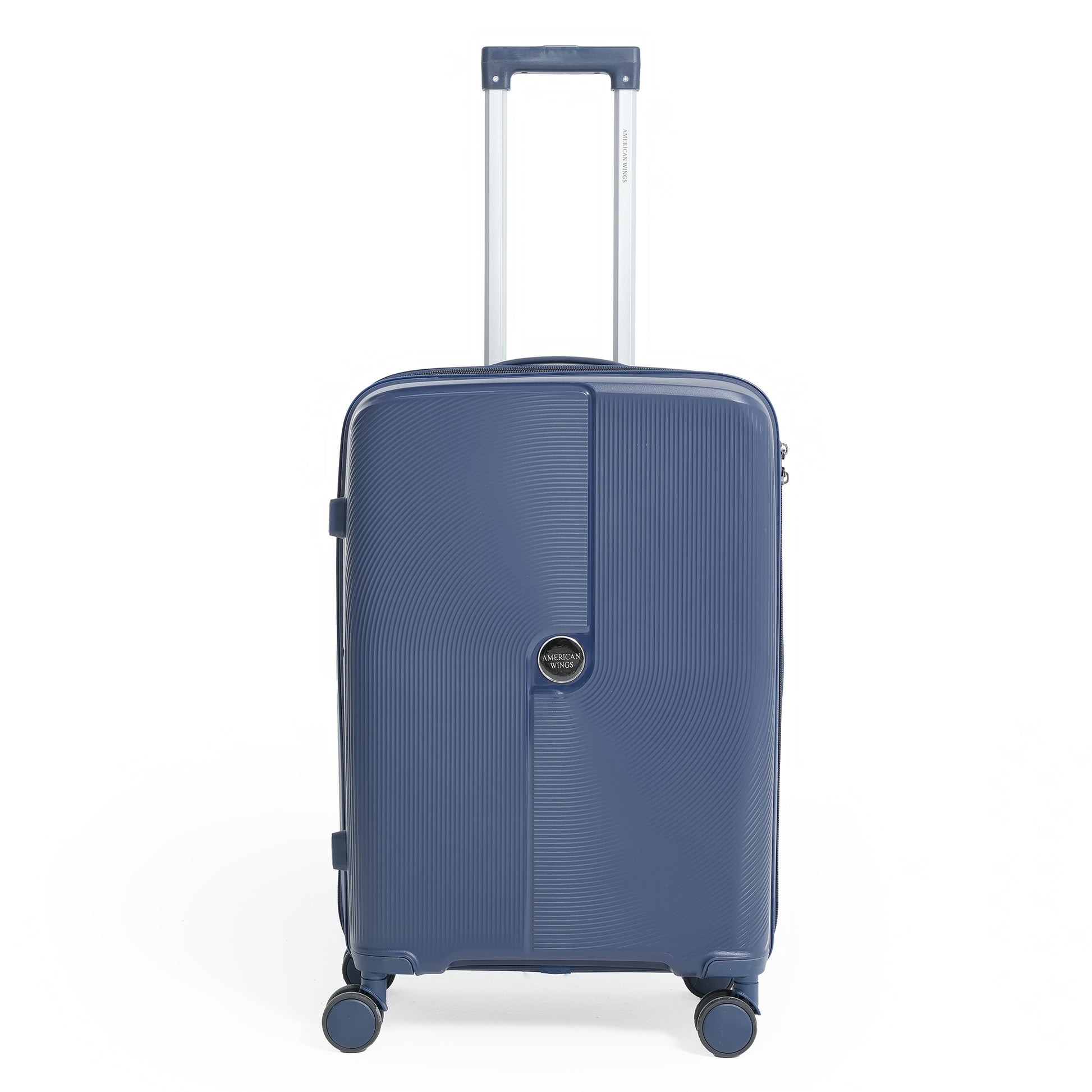 Blue suitcase with a visible brand logo on a white background
