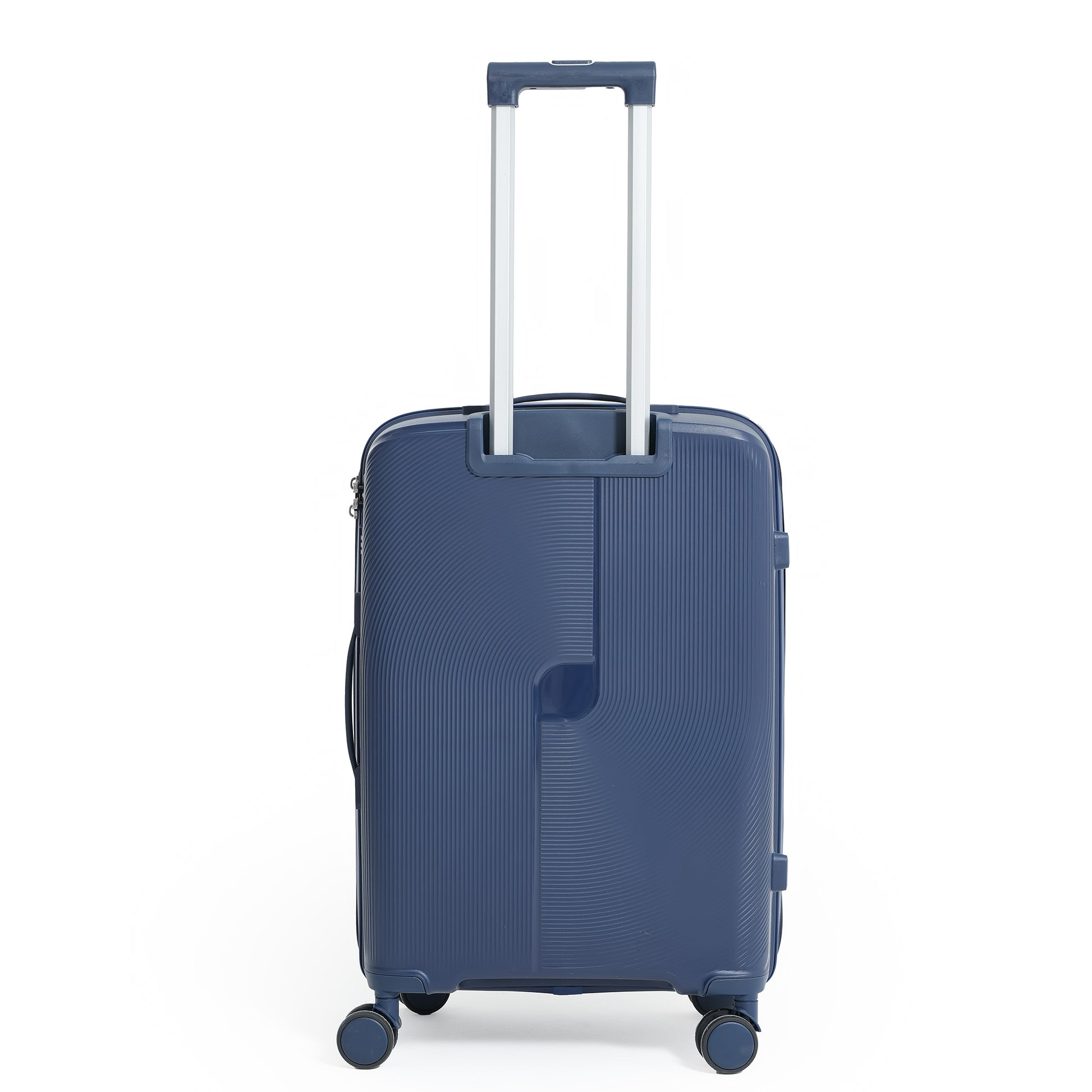 Blue suitcase with a white handle on a white background