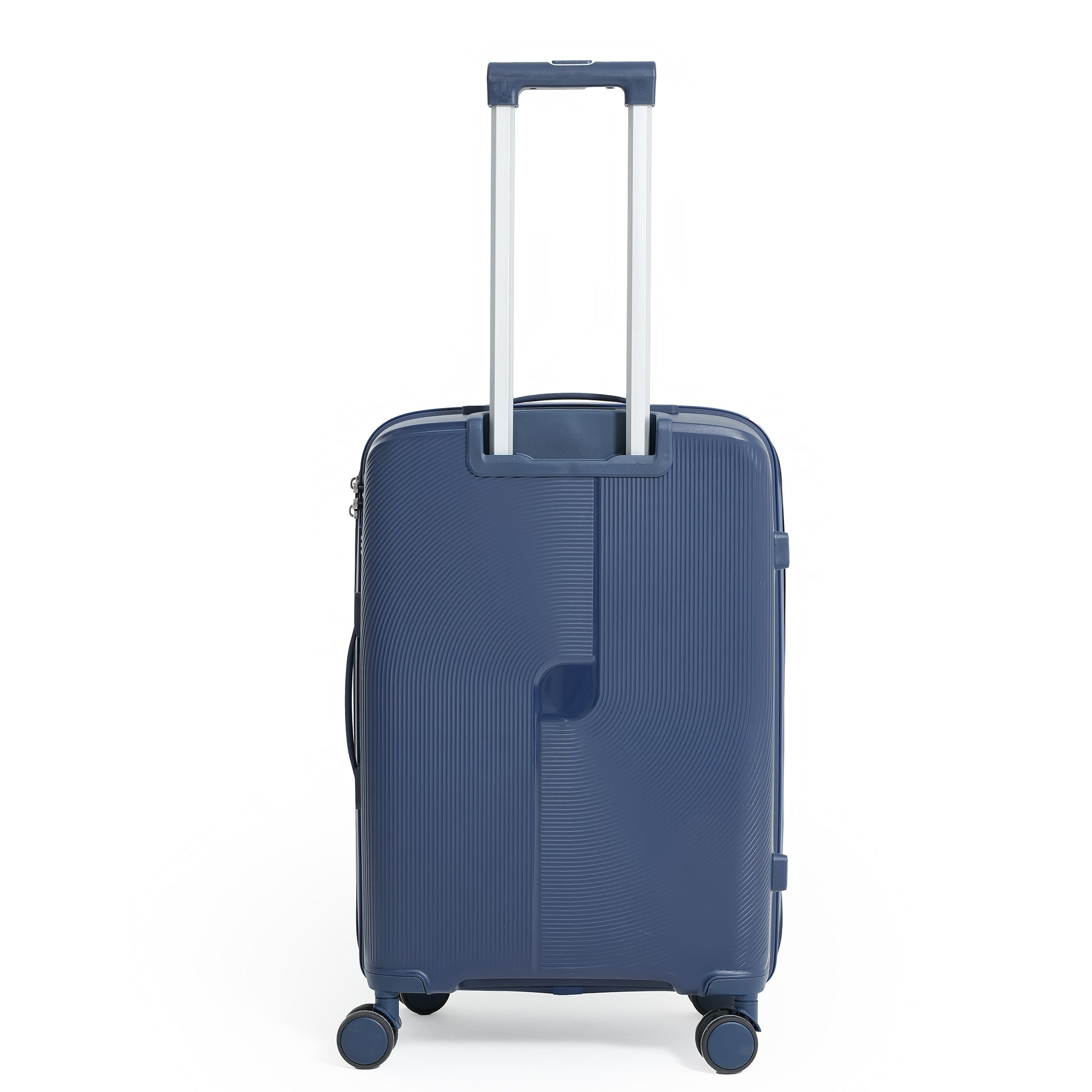 Blue suitcase with a white handle on a white background