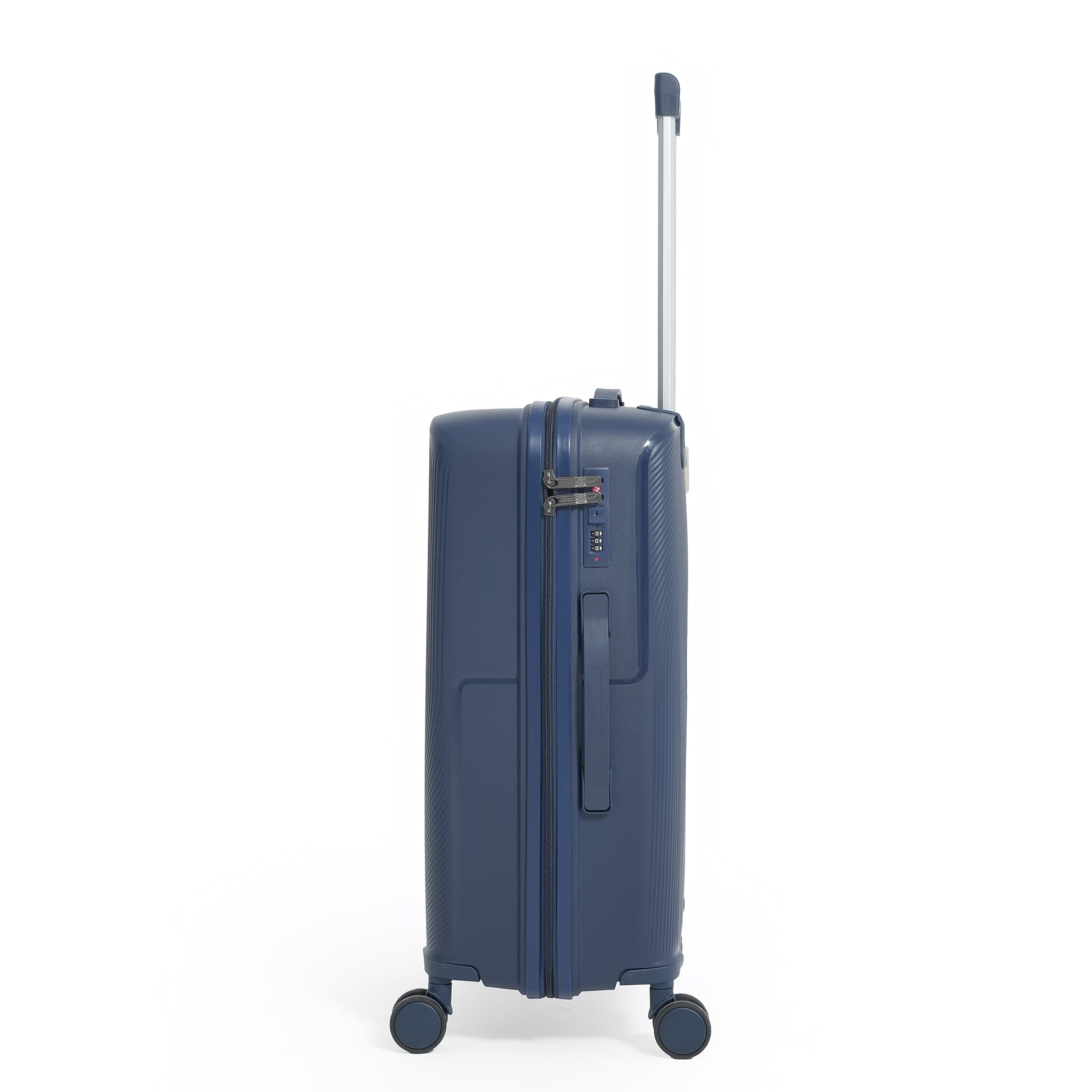 Blue suitcase with a handle on a white background