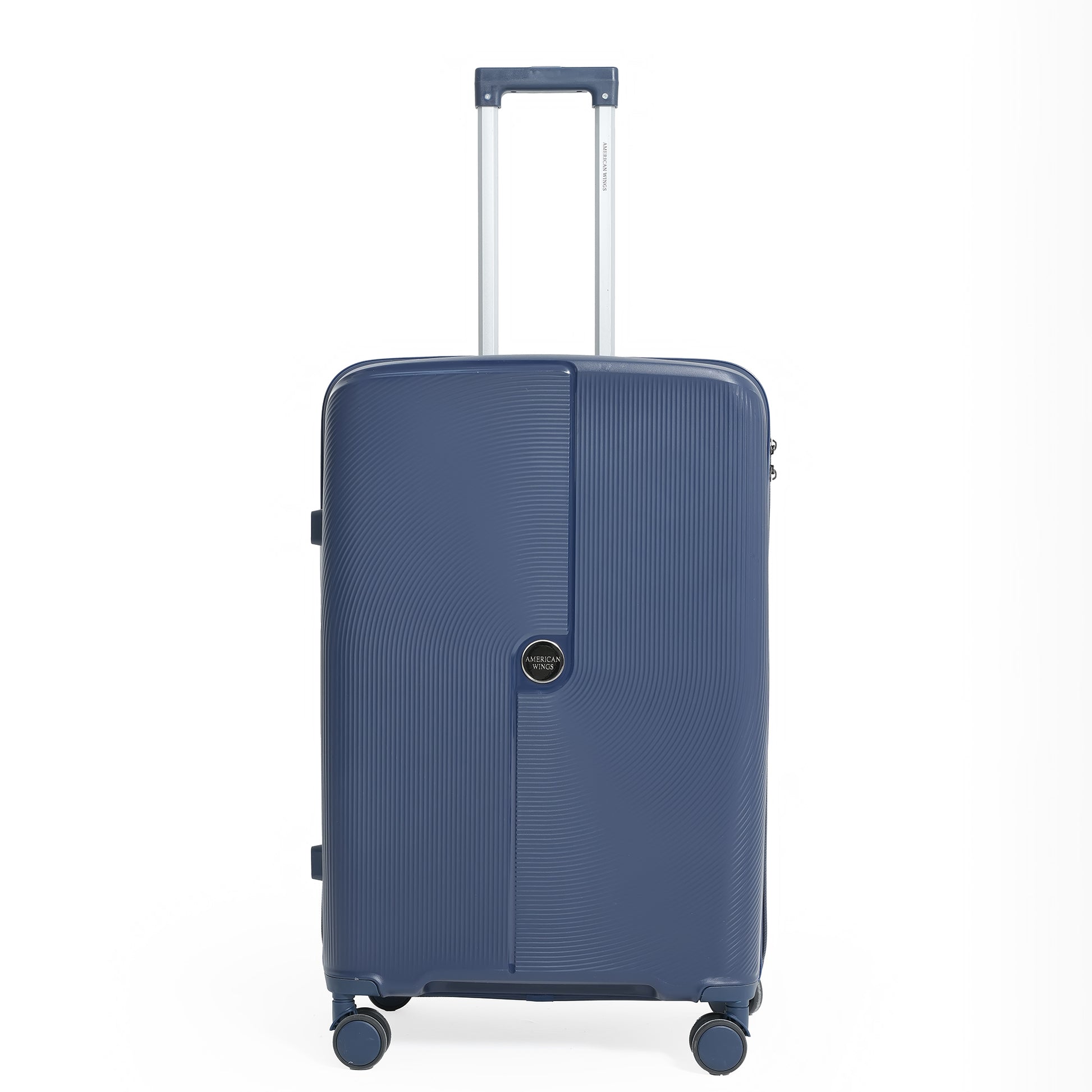 Blue suitcase with a visible brand logo on a white background
