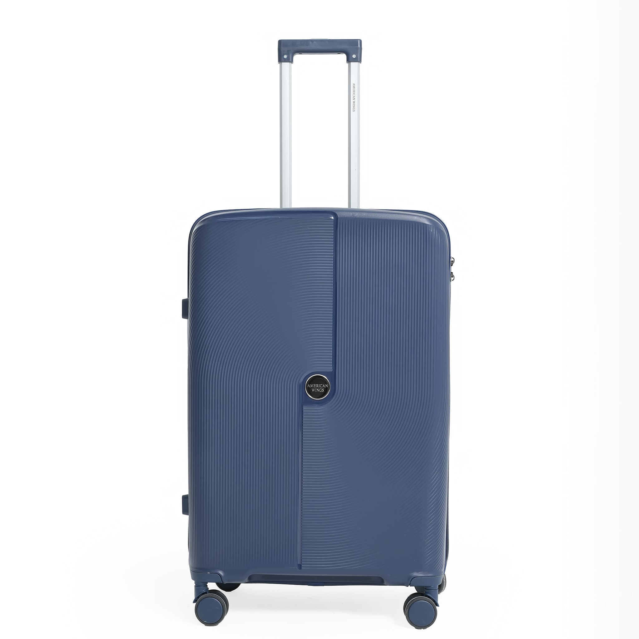Blue suitcase with a visible brand logo on a white background