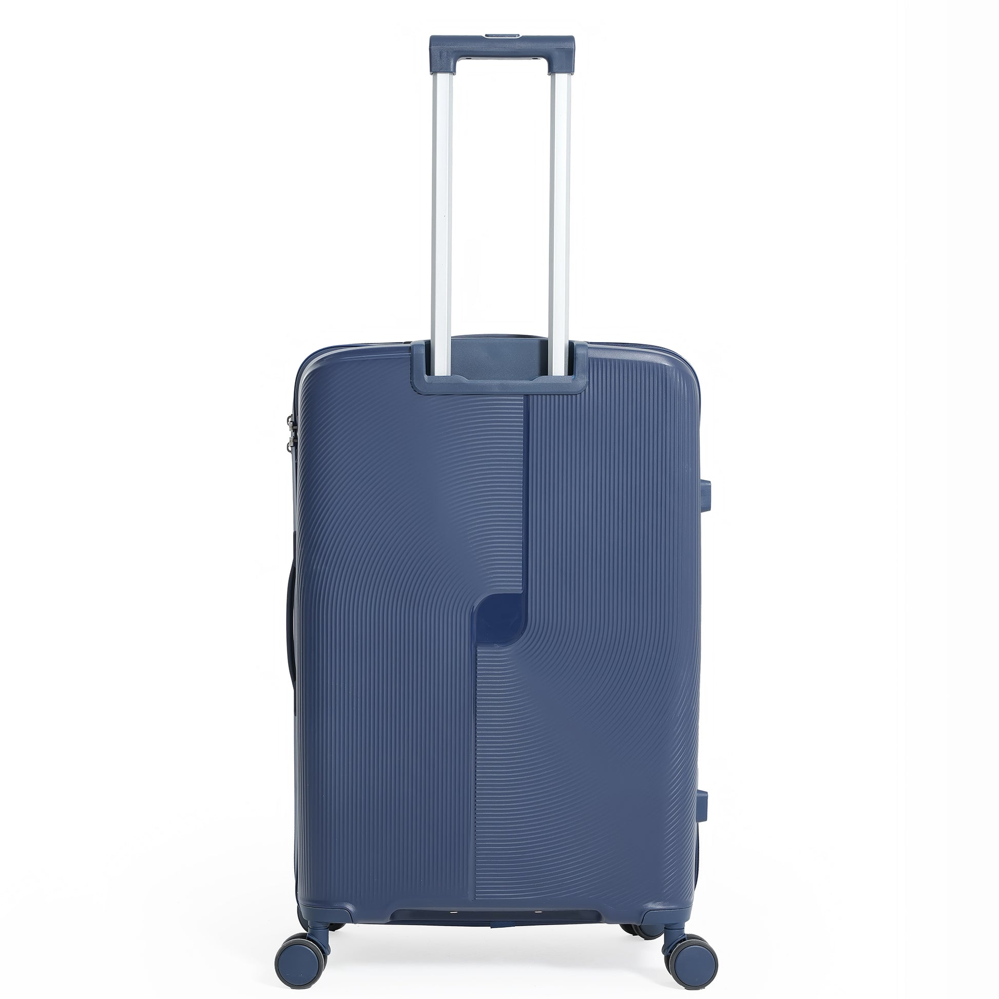Blue suitcase with a textured surface on a white background
