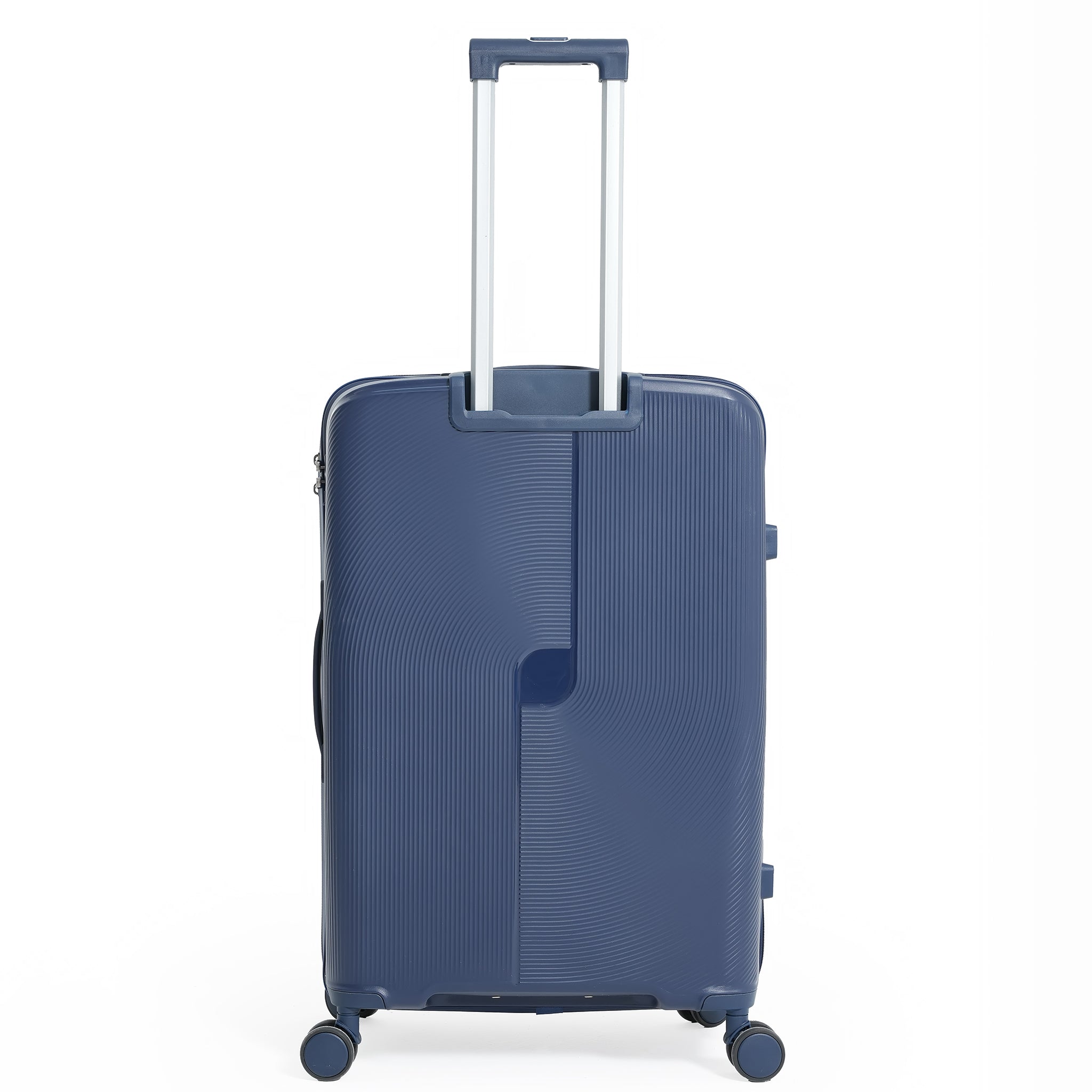 Blue suitcase with a textured surface on a white background