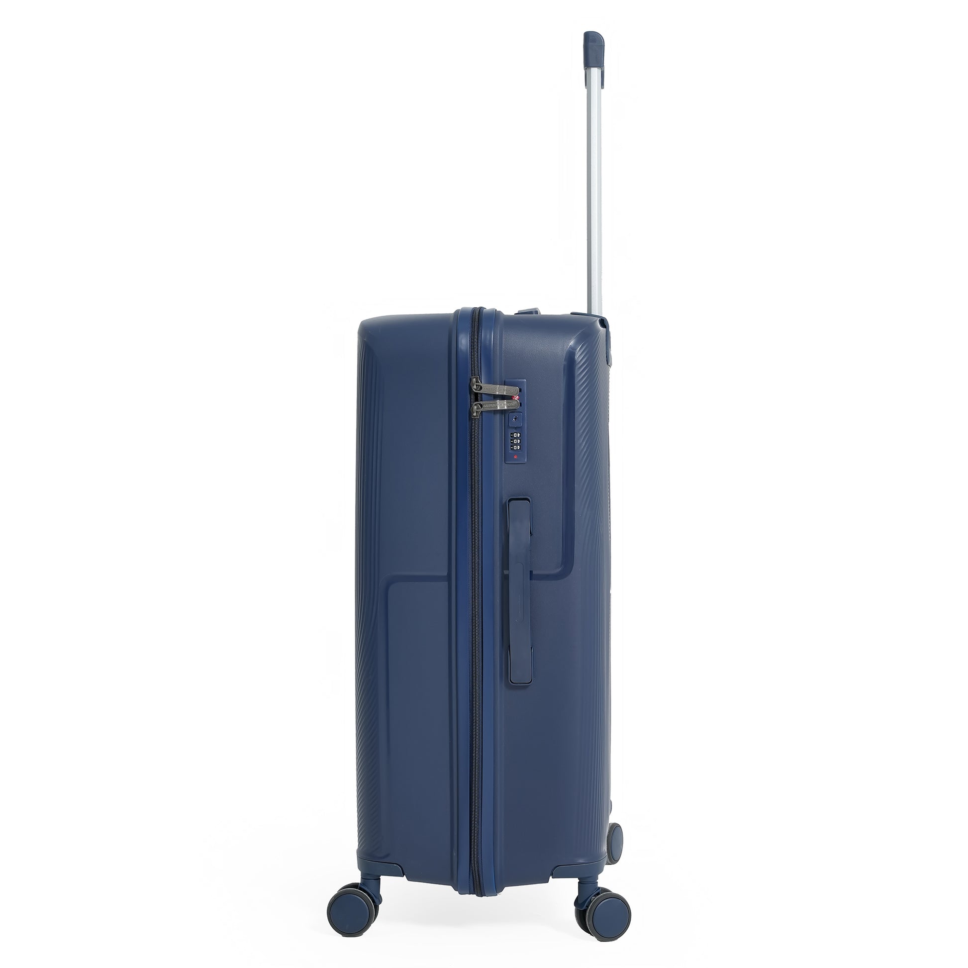 Blue suitcase with a telescopic handle on a white background
