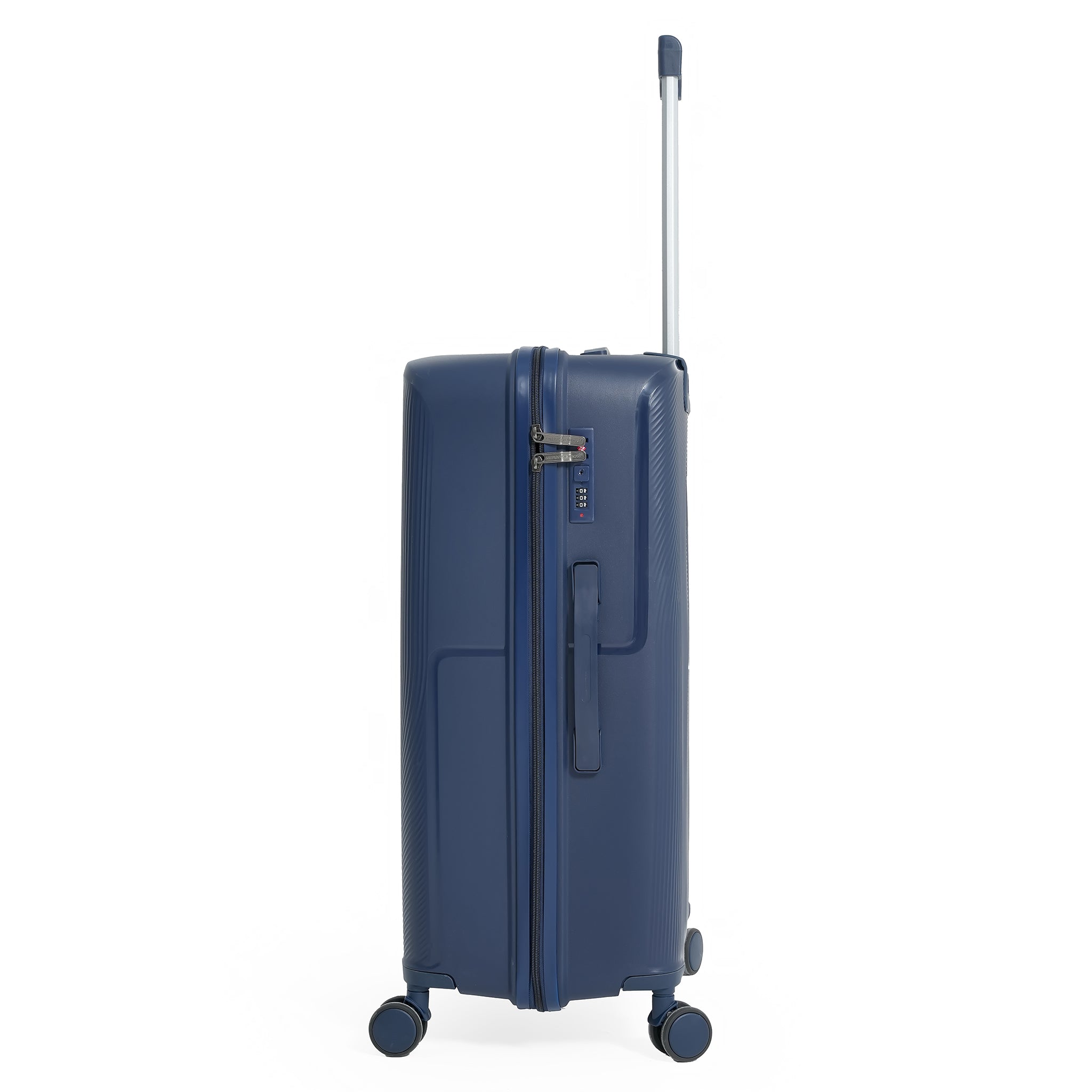 Blue suitcase with a telescopic handle on a white background