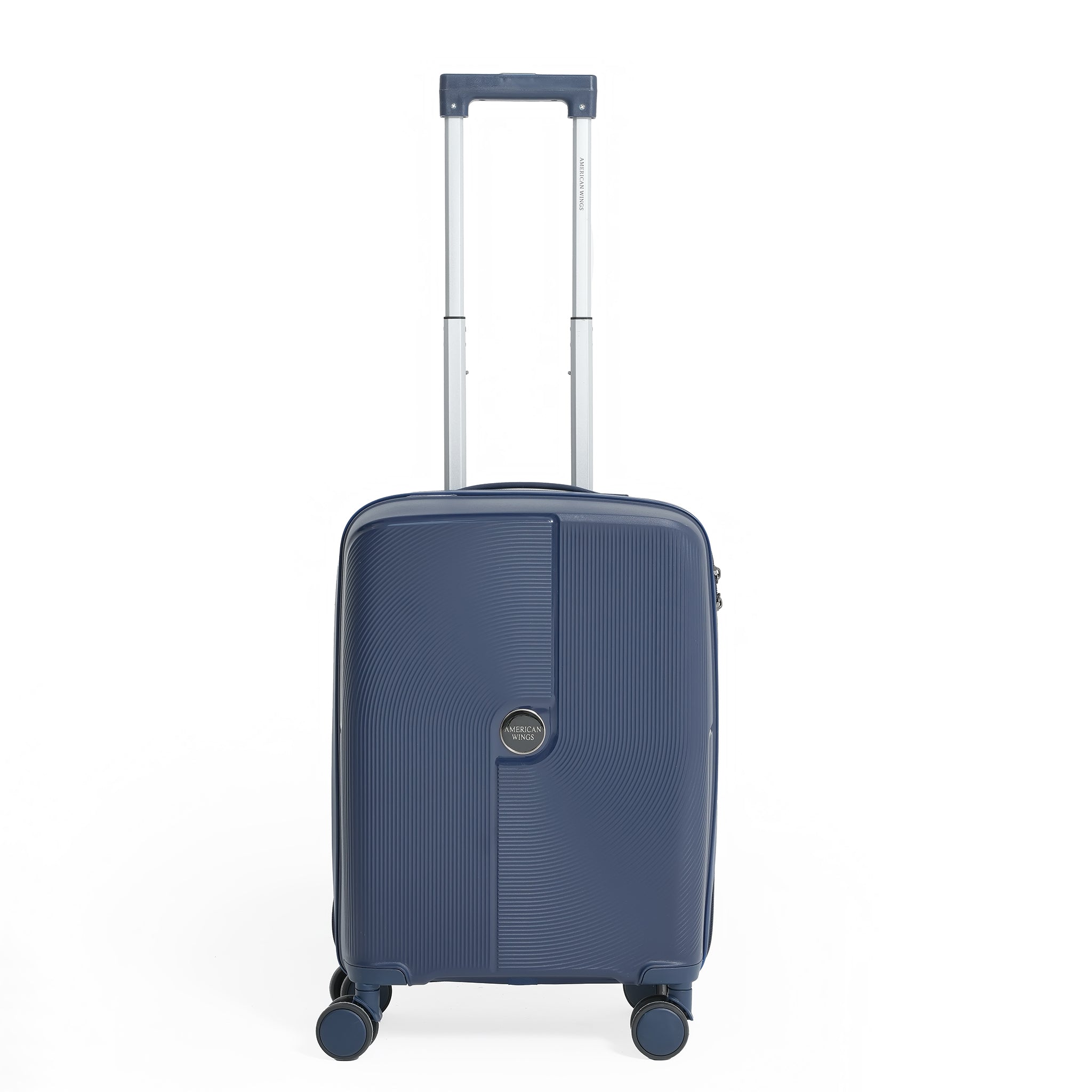 Blue suitcase with a handle on a white background