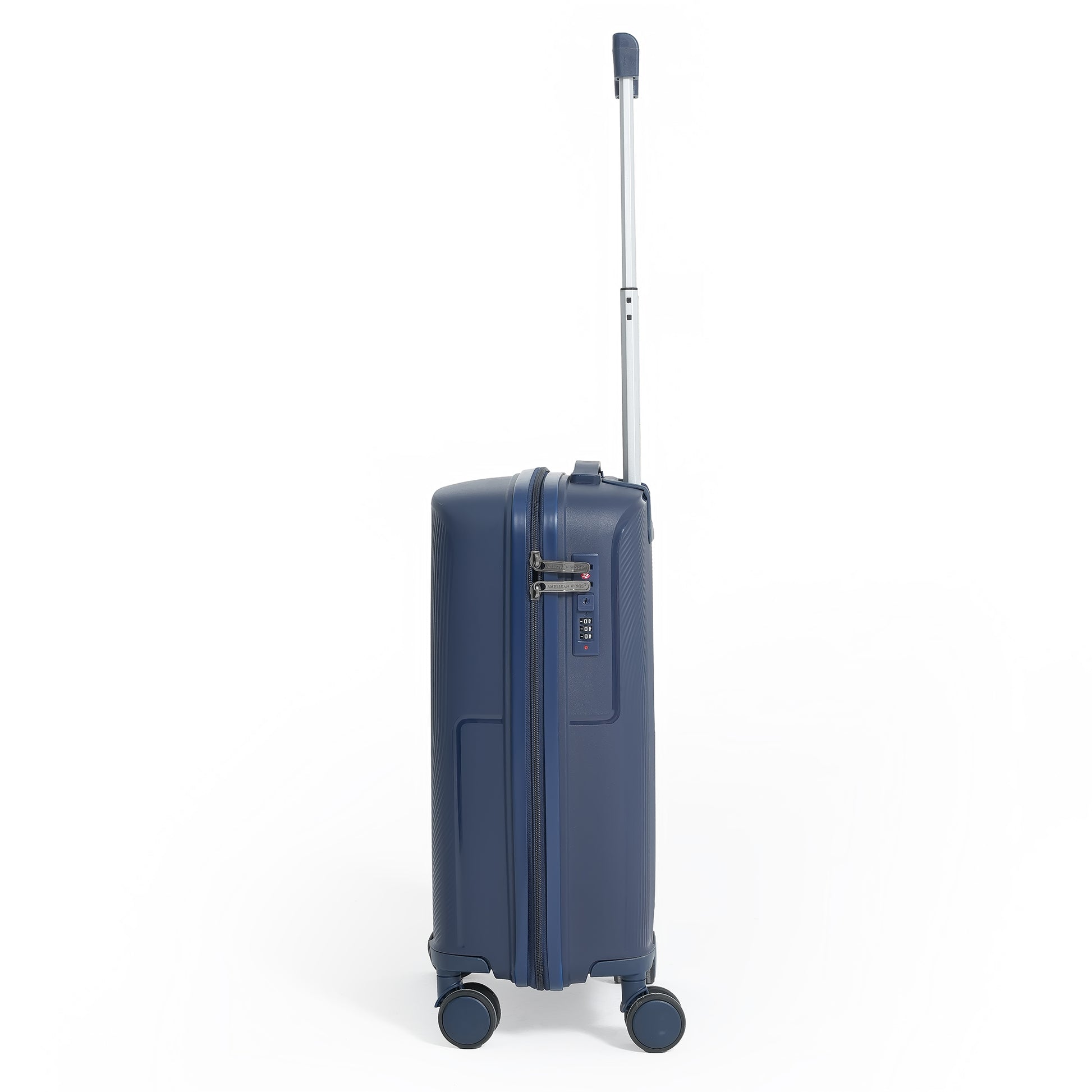 Blue suitcase with a telescopic handle on a white background