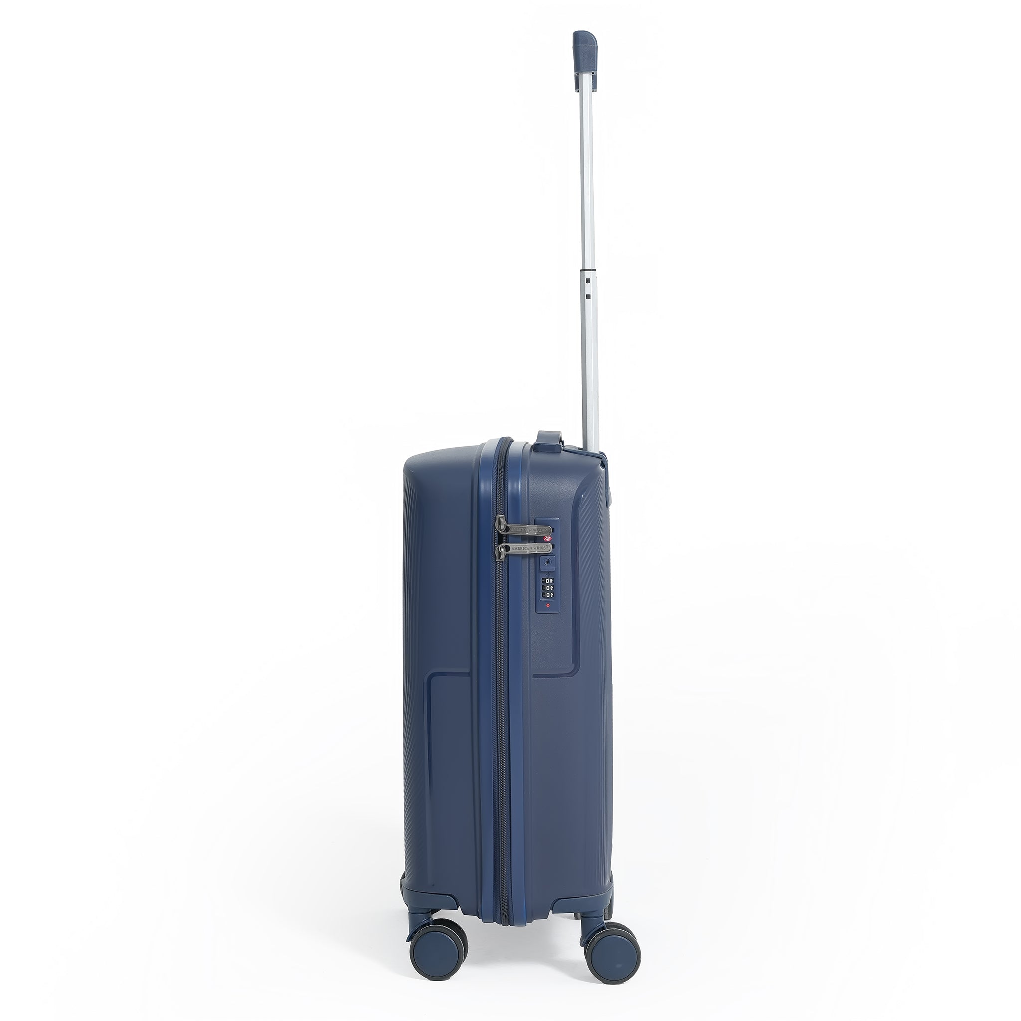 Blue suitcase with a telescopic handle on a white background