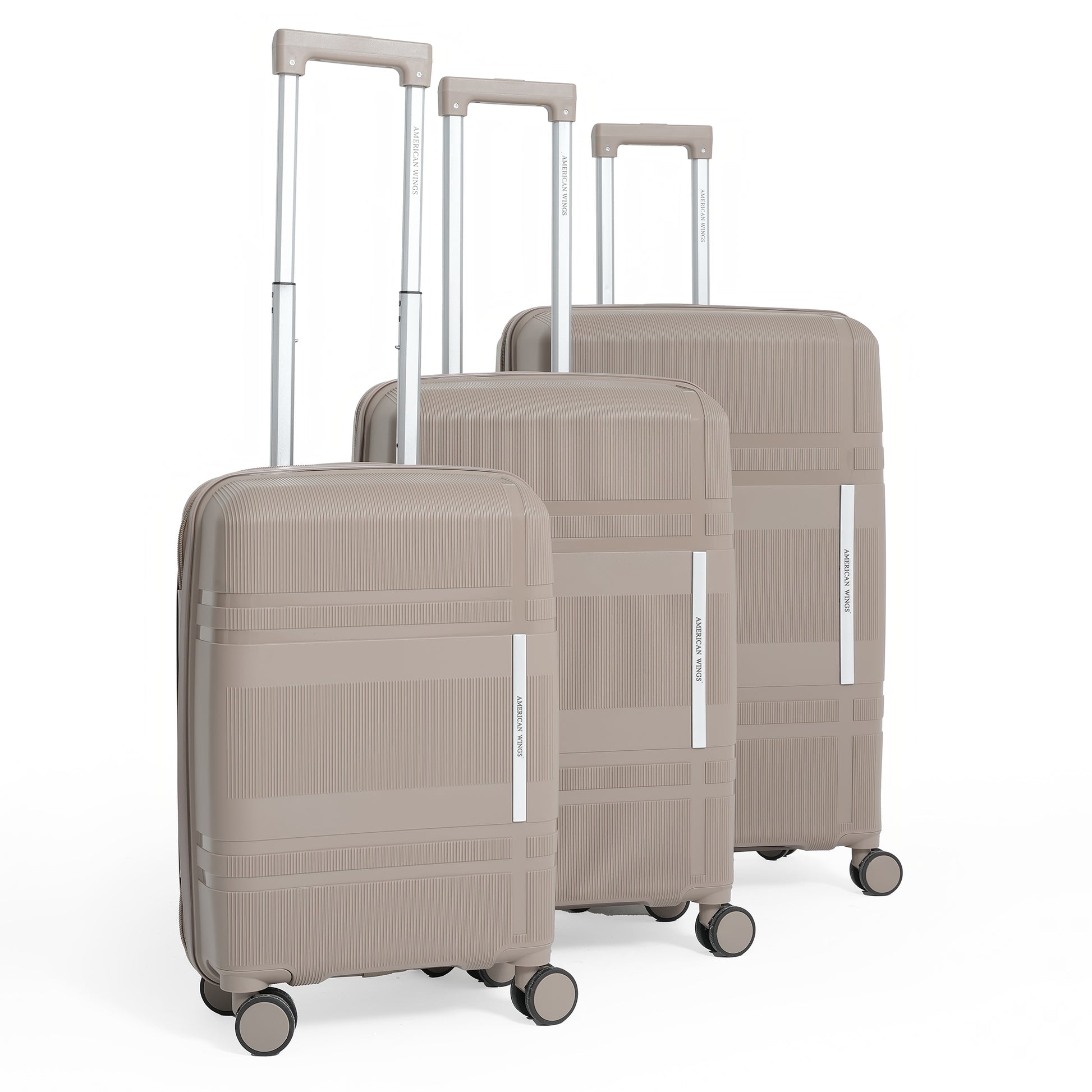 Set of three beige suitcases with wheels on a white background