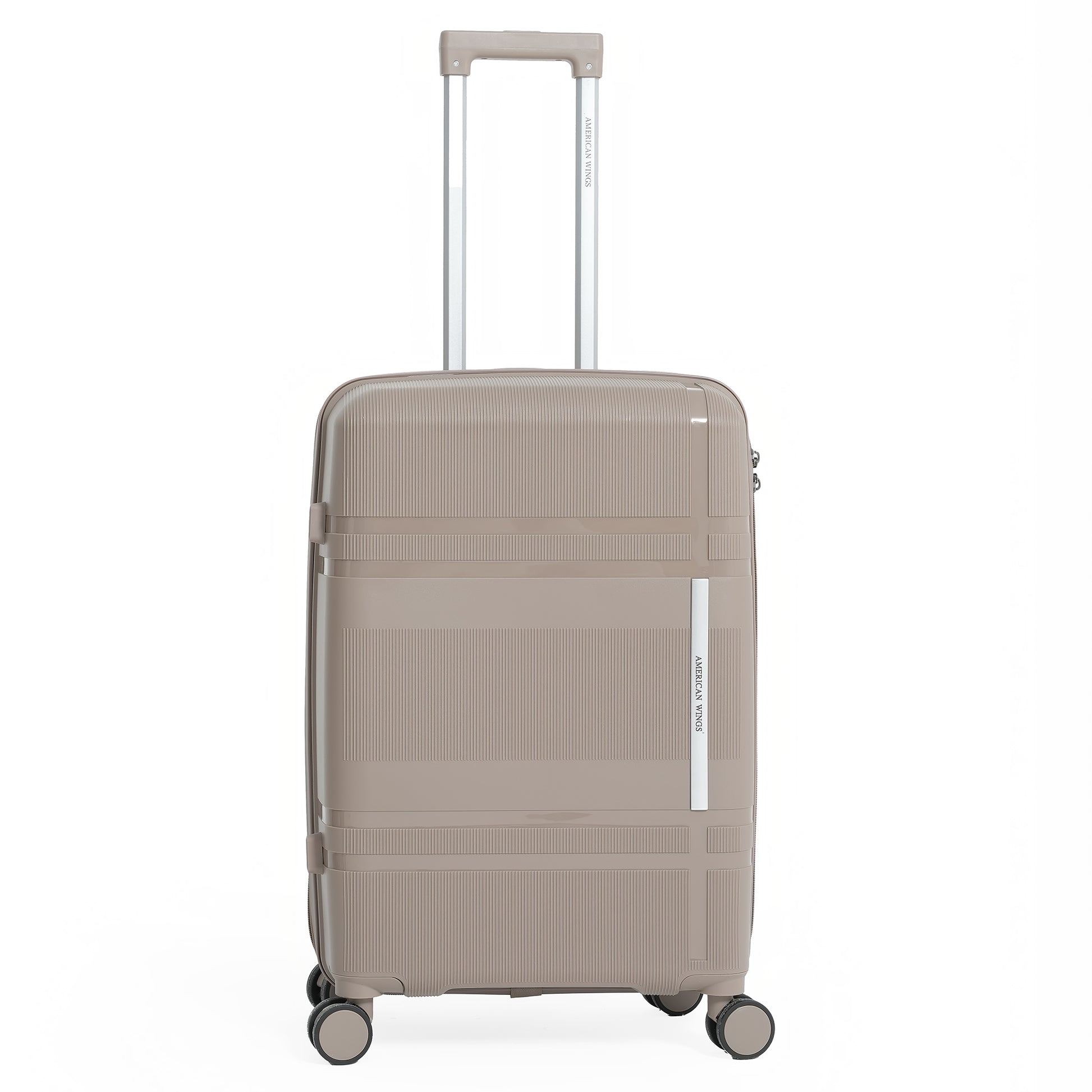 Beige suitcase with a handle on a white background