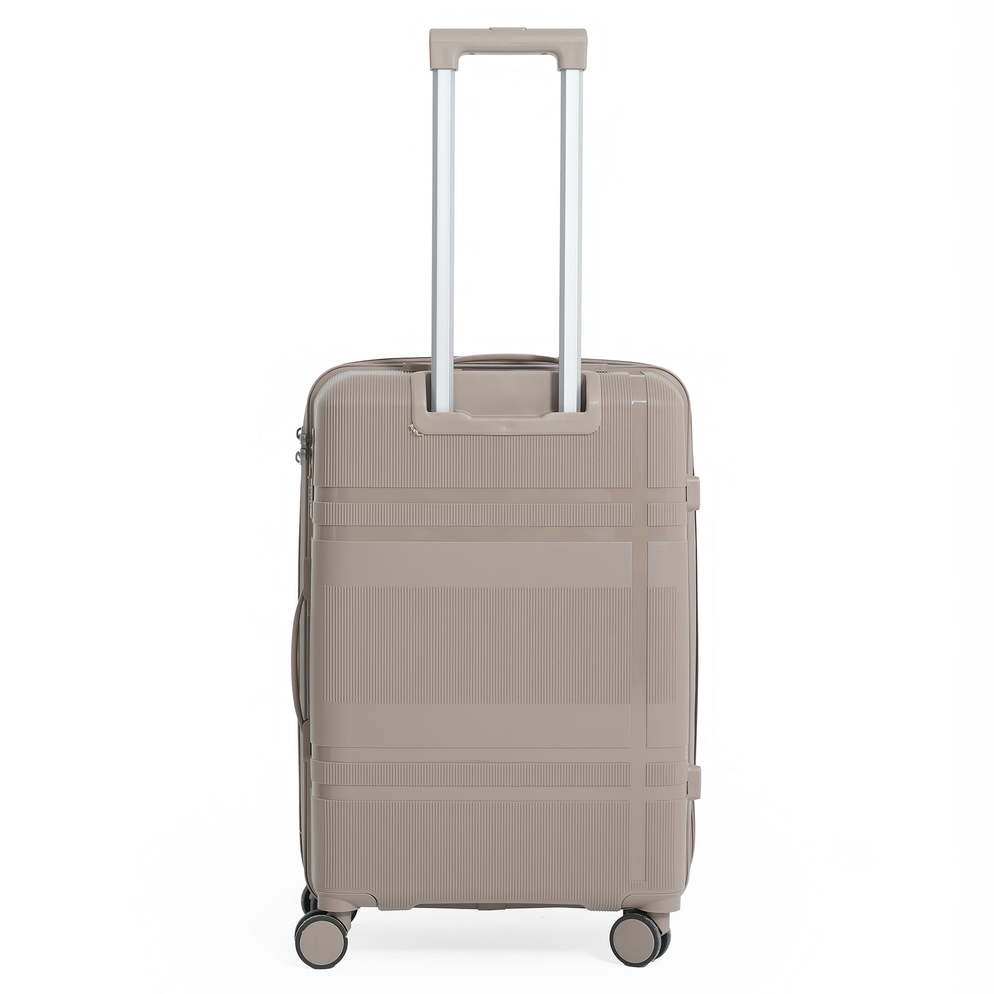 Beige suitcase with a handle on a white background