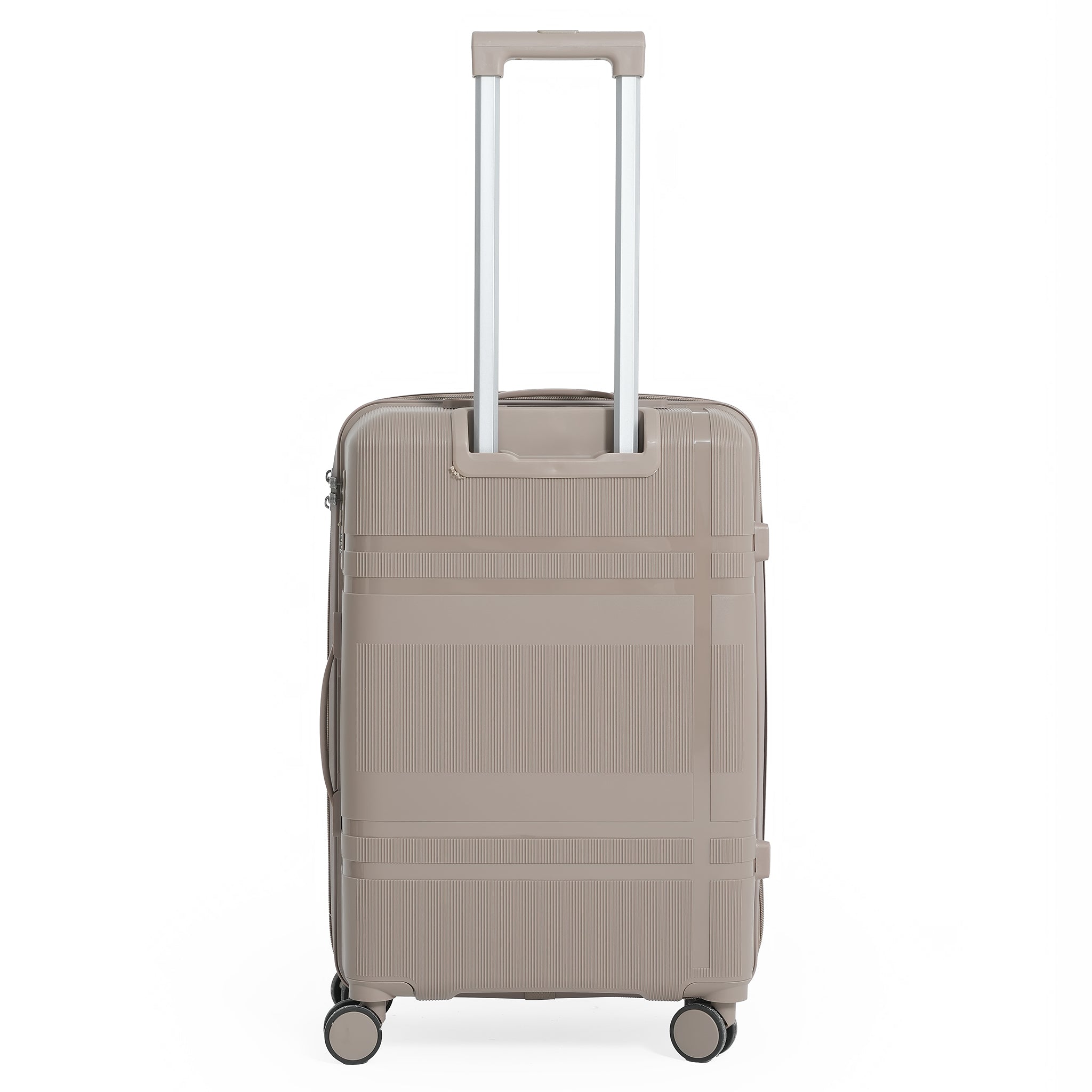 Beige suitcase with a handle on a white background