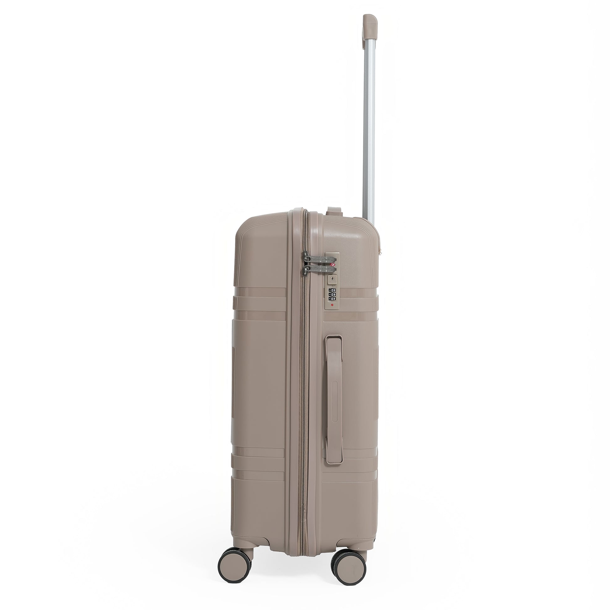 Beige suitcase with wheels and handle on a white background