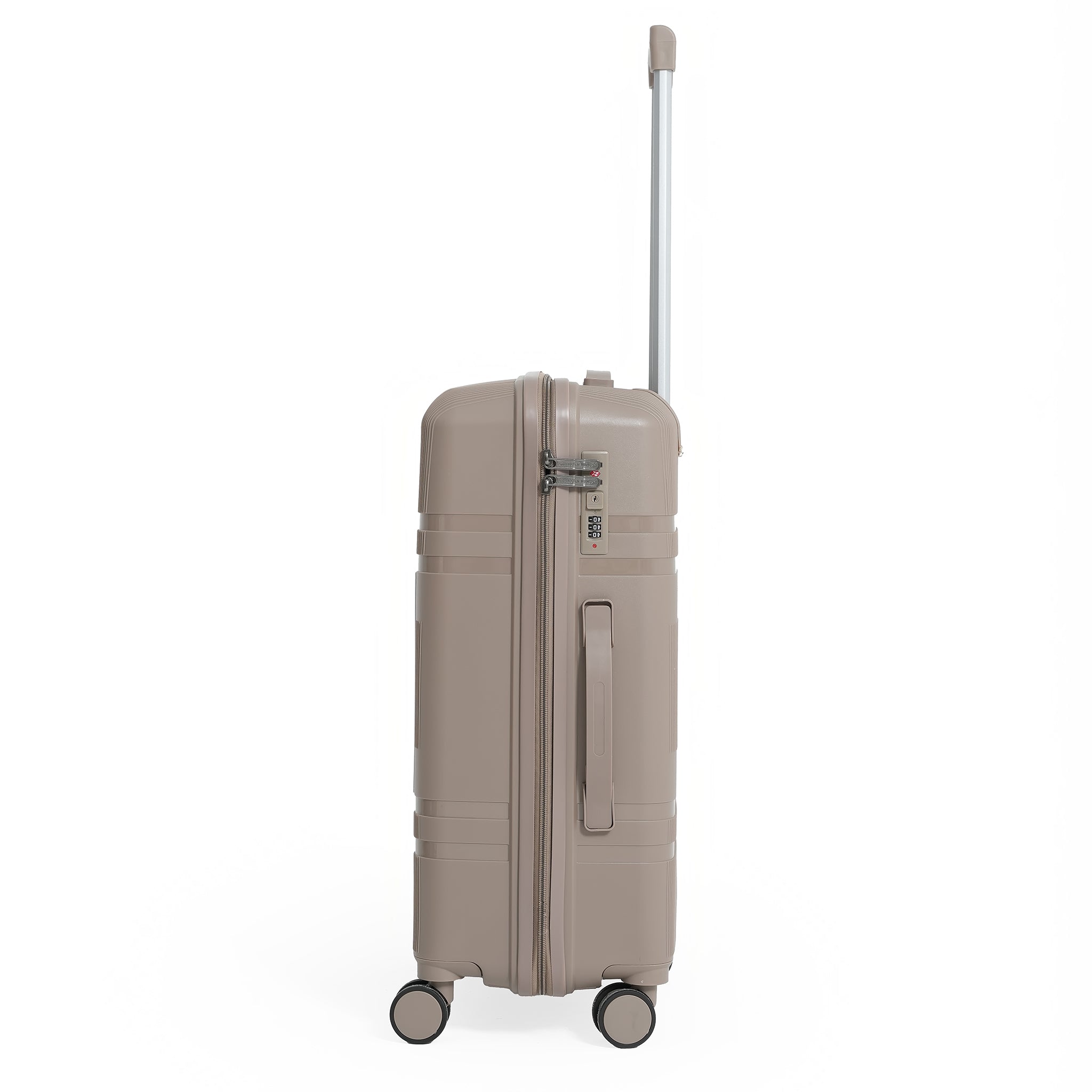 Beige suitcase with wheels and handle on a white background