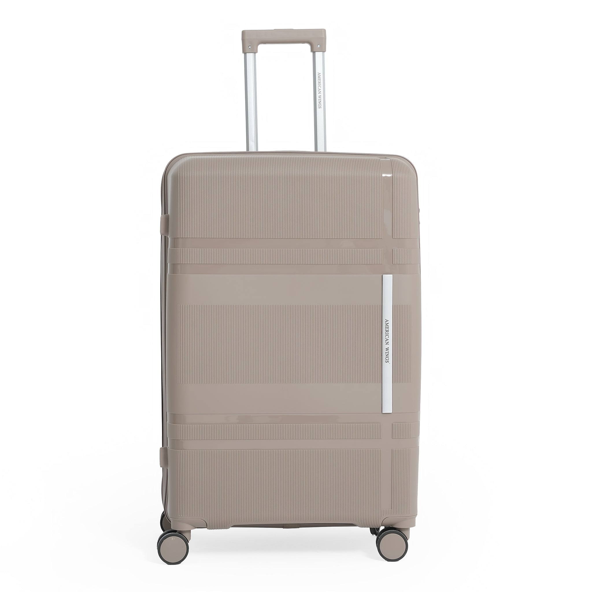 Beige suitcase with a visible brand logo on a white background