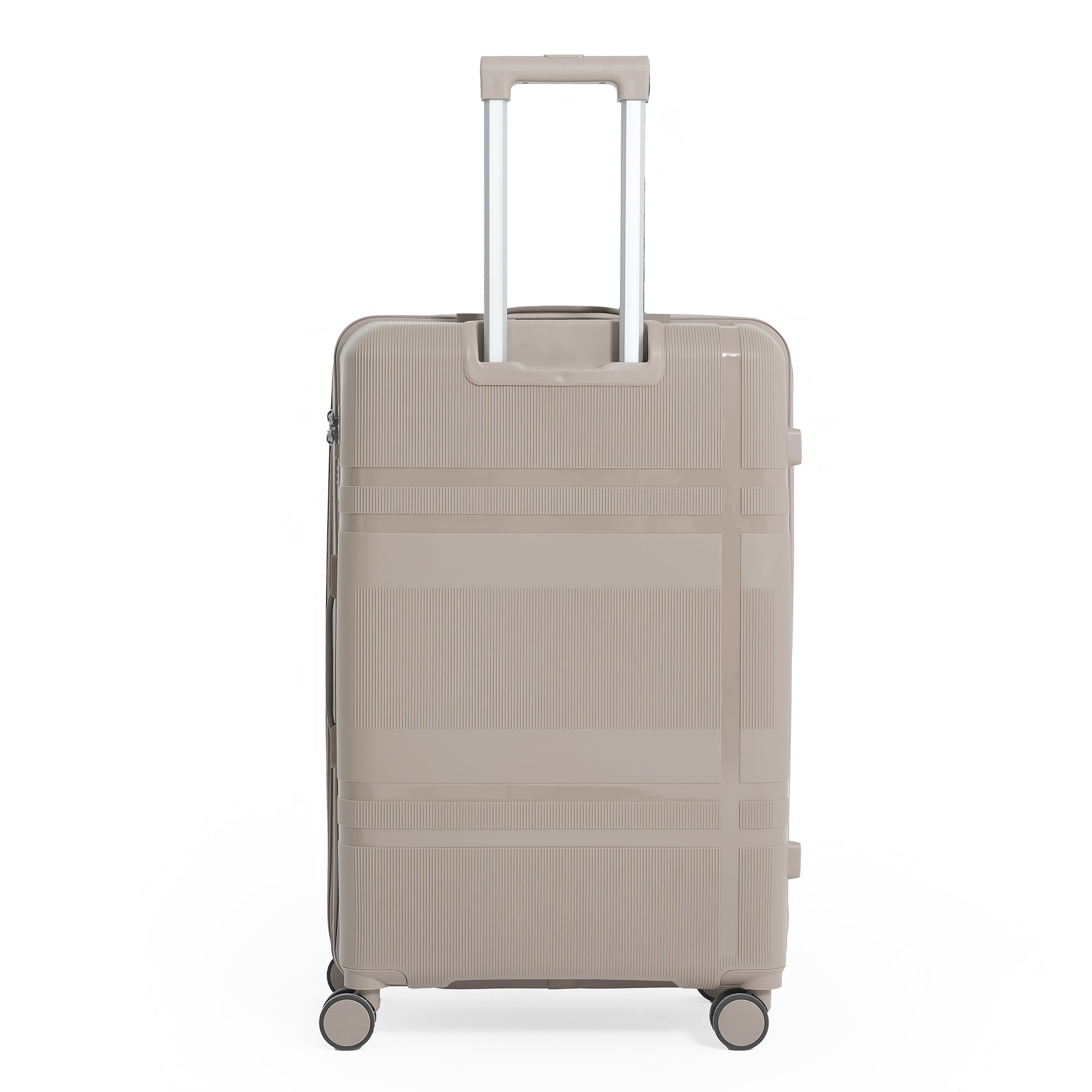Beige suitcase with wheels on a white background