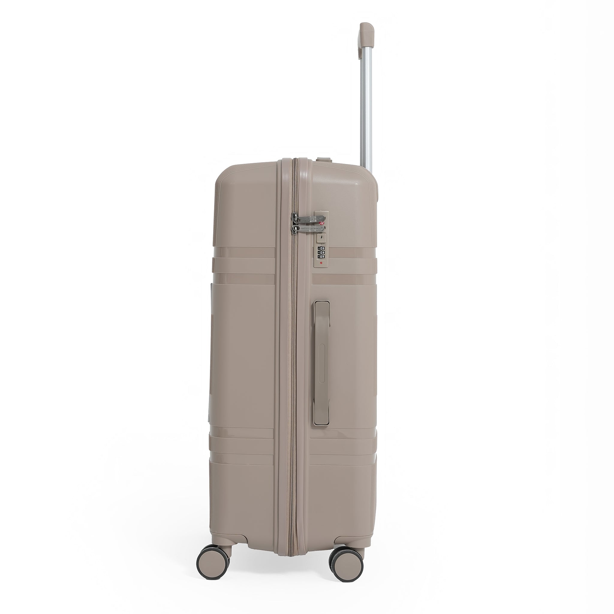 Beige suitcase with wheels on a white background
