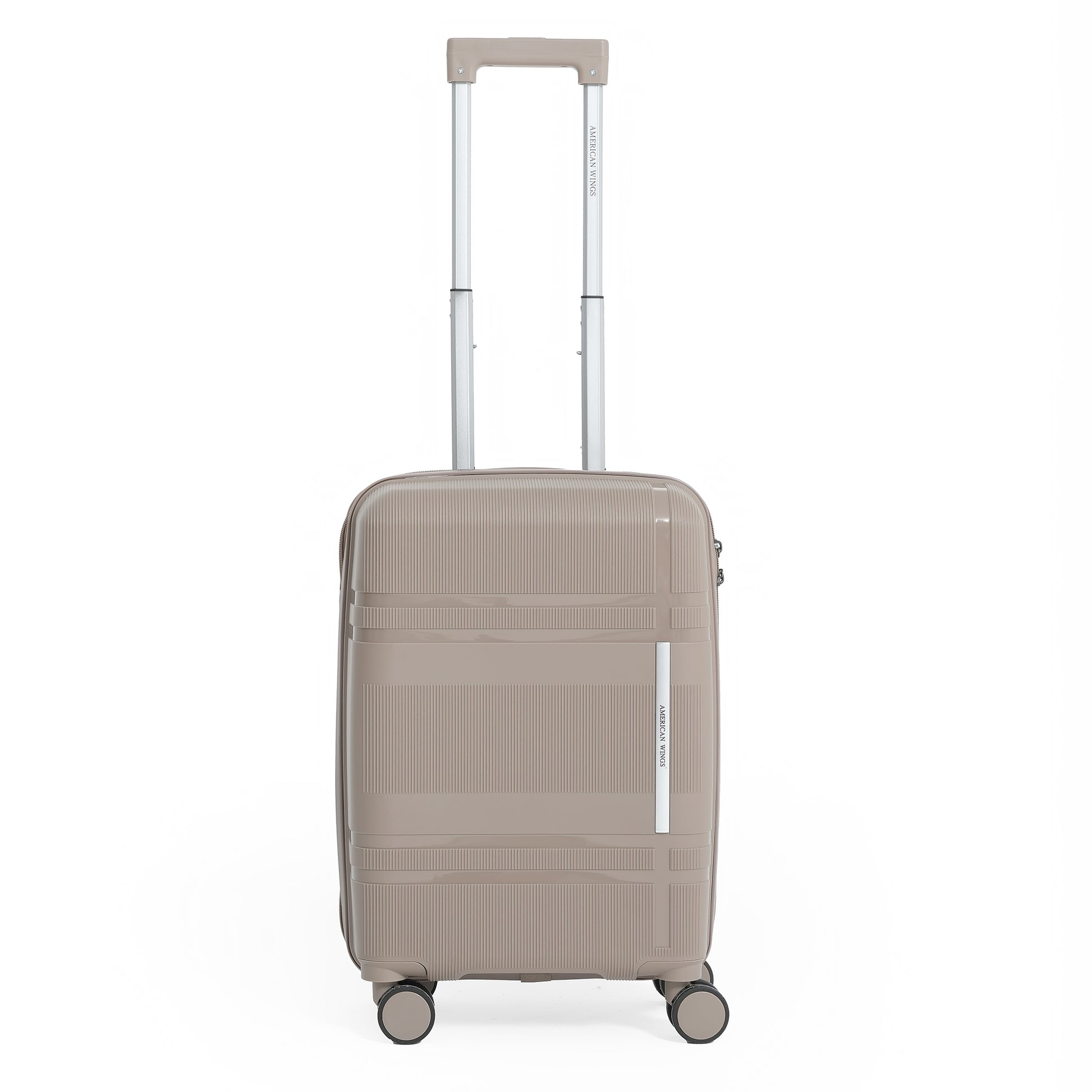 Beige suitcase with wheels and handle on a white background