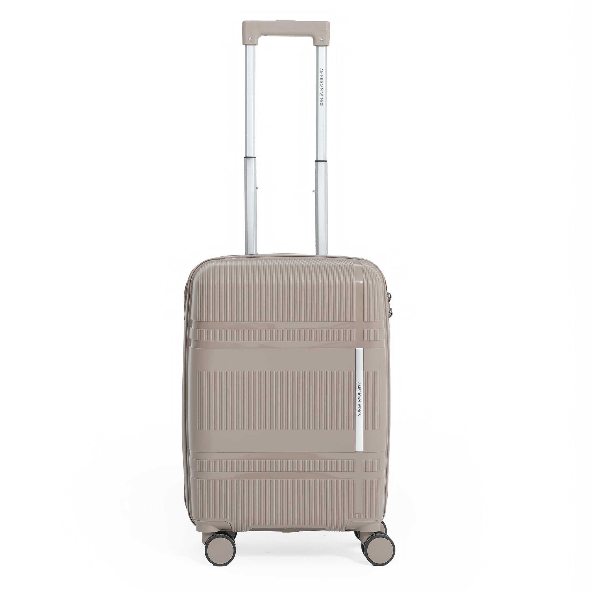 Beige suitcase with wheels and handle on a white background