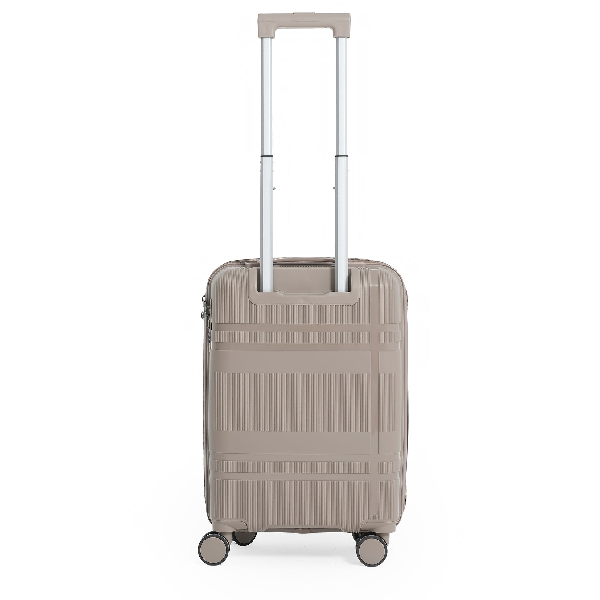 Beige suitcase with a handle on a white background