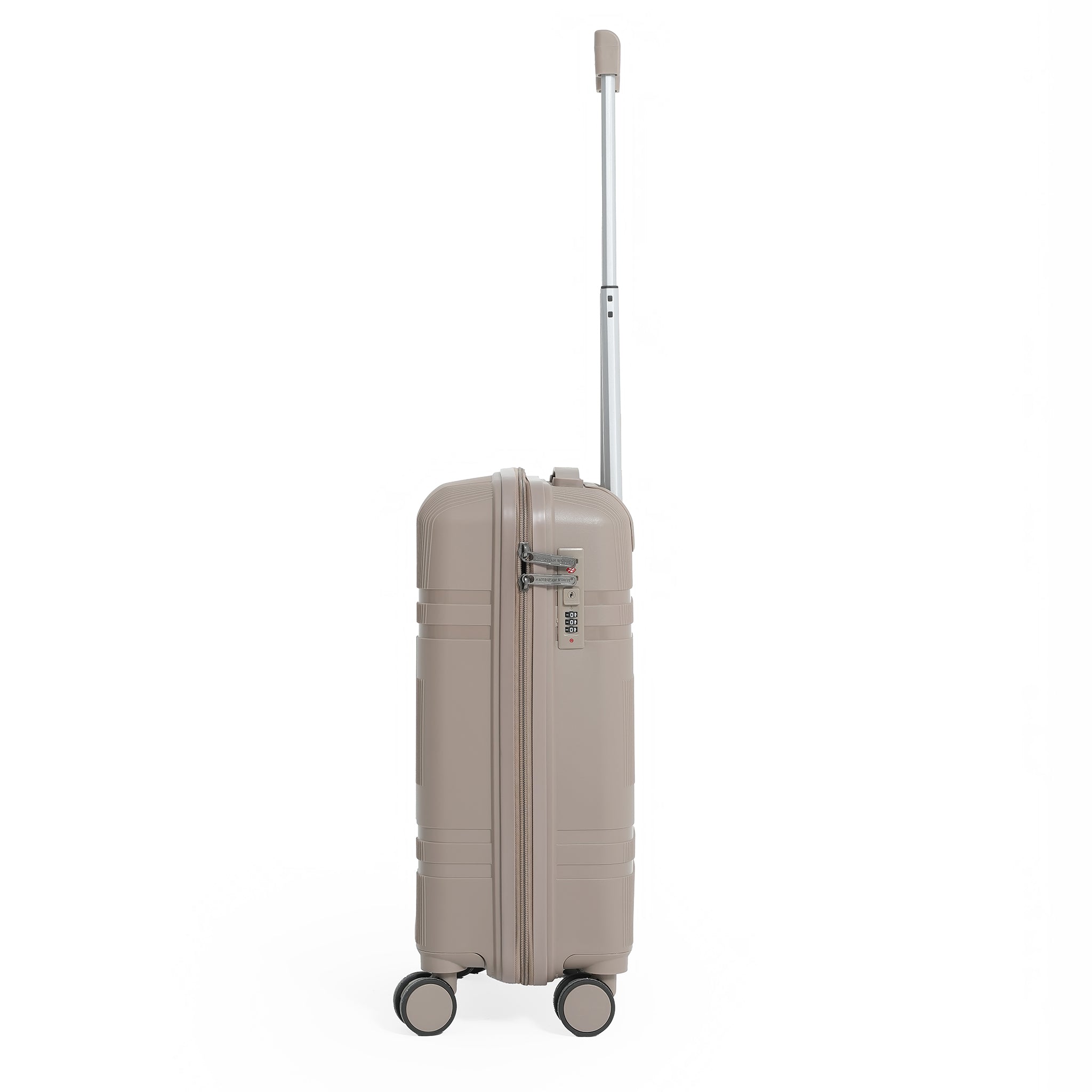 Beige suitcase with wheels and a handle on a white background