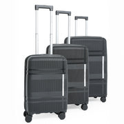 Three black suitcases of different sizes on a white background