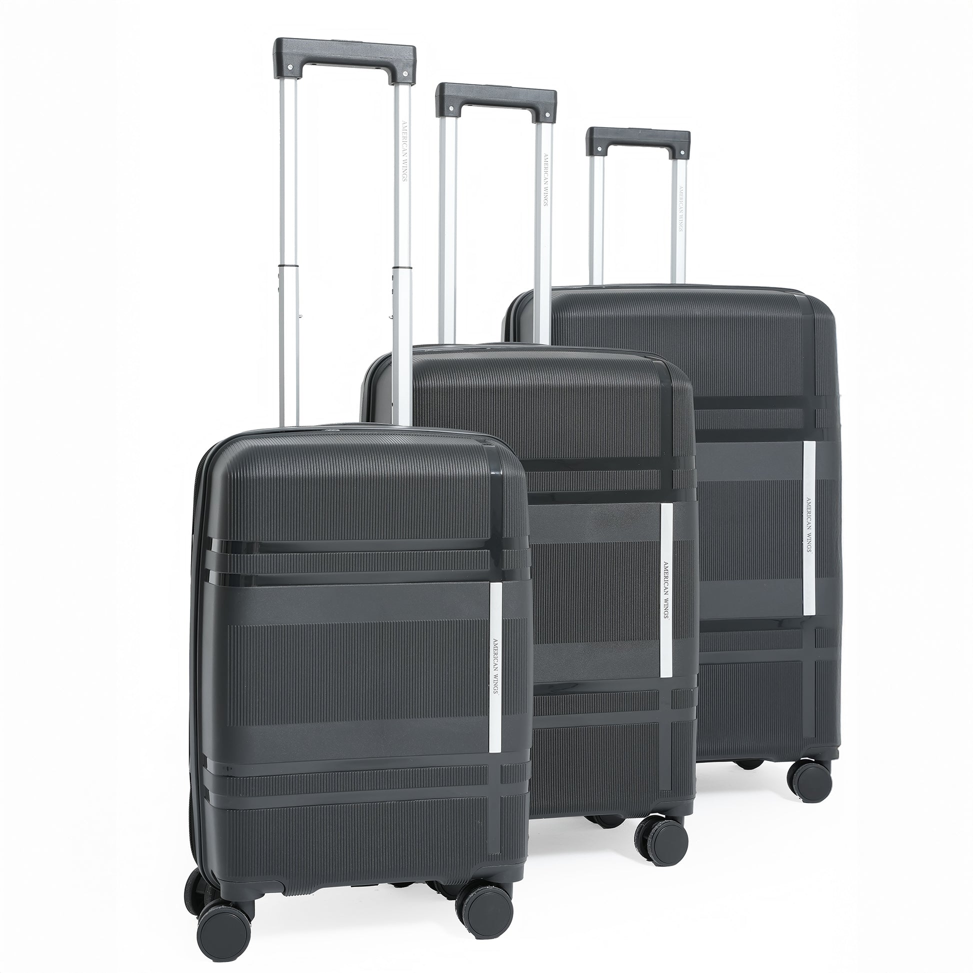 Three black suitcases of different sizes on a white background