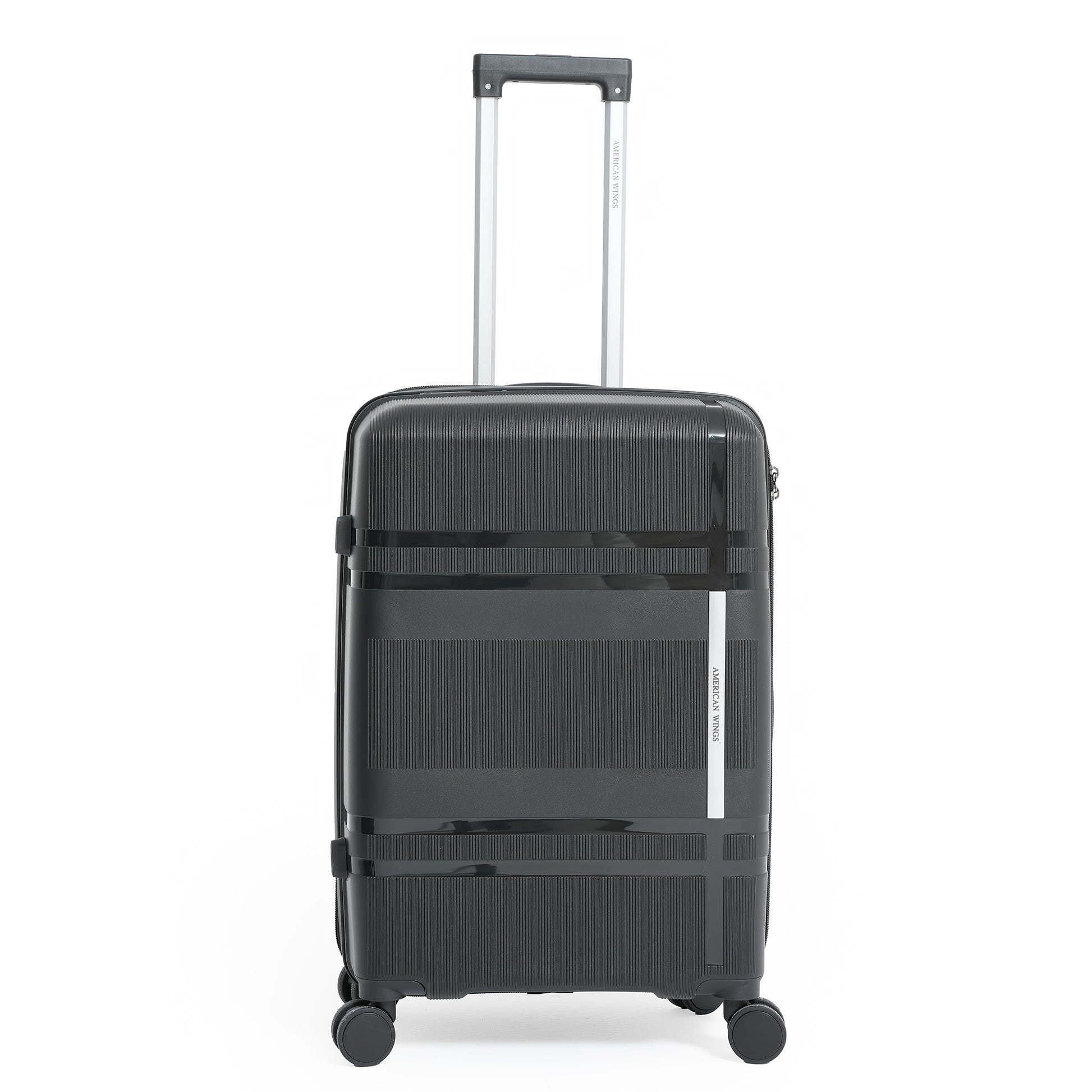 Black suitcase with wheels and handle on a white background