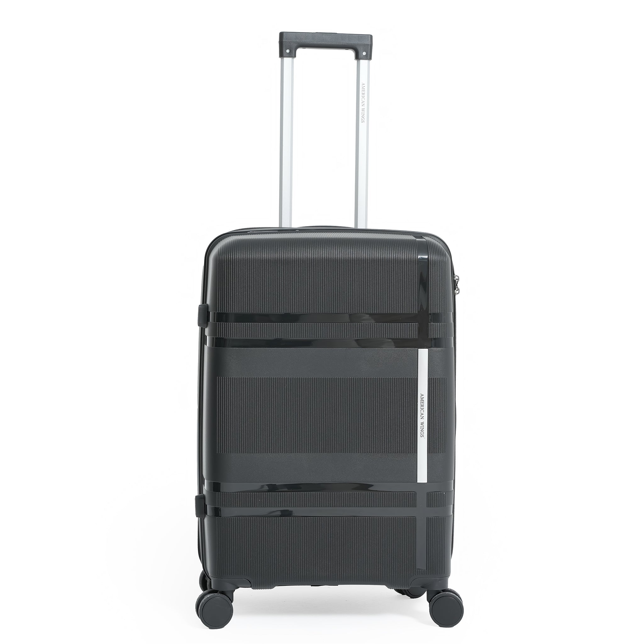 Black suitcase with wheels and handle on a white background