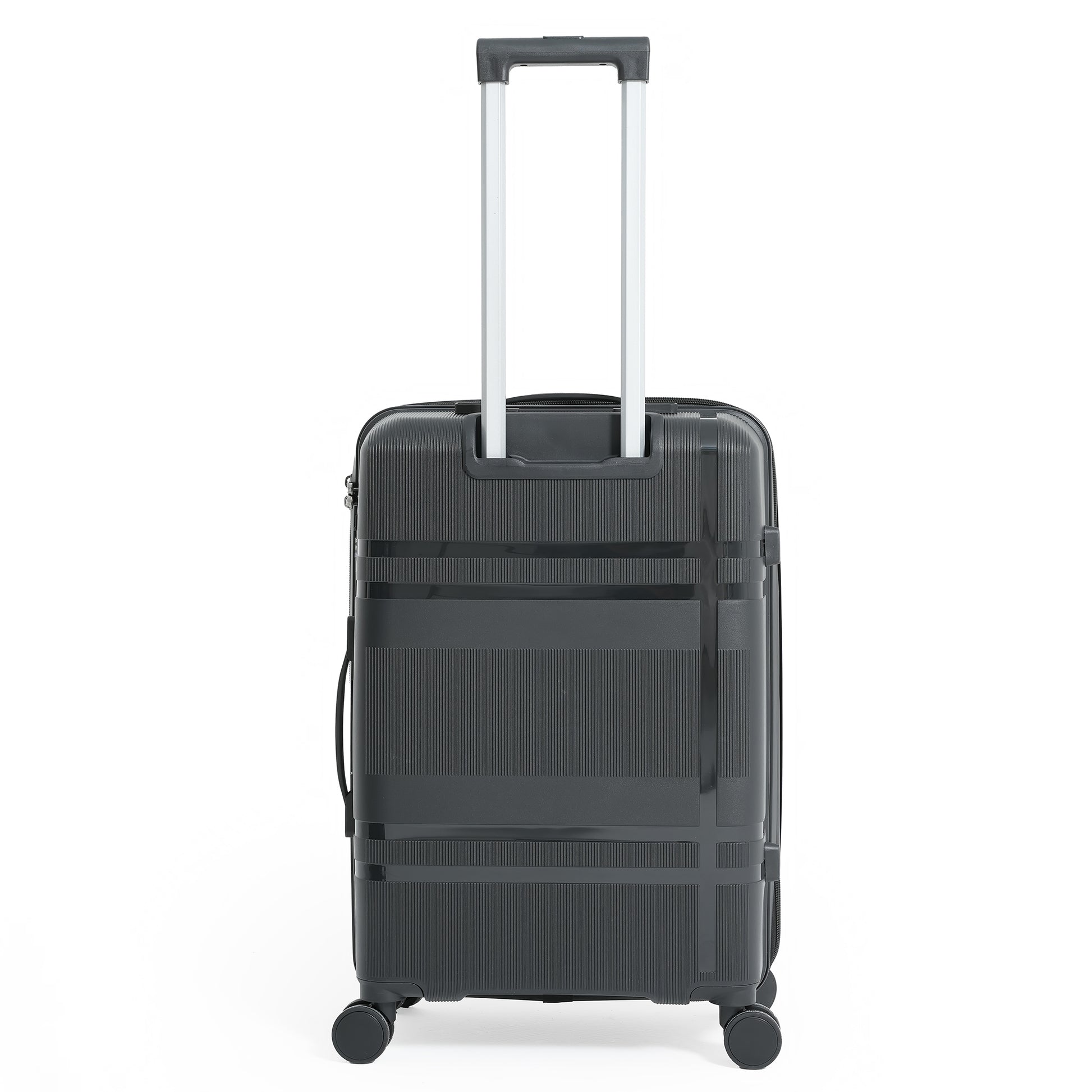 Black suitcase with wheels and handle on a white background