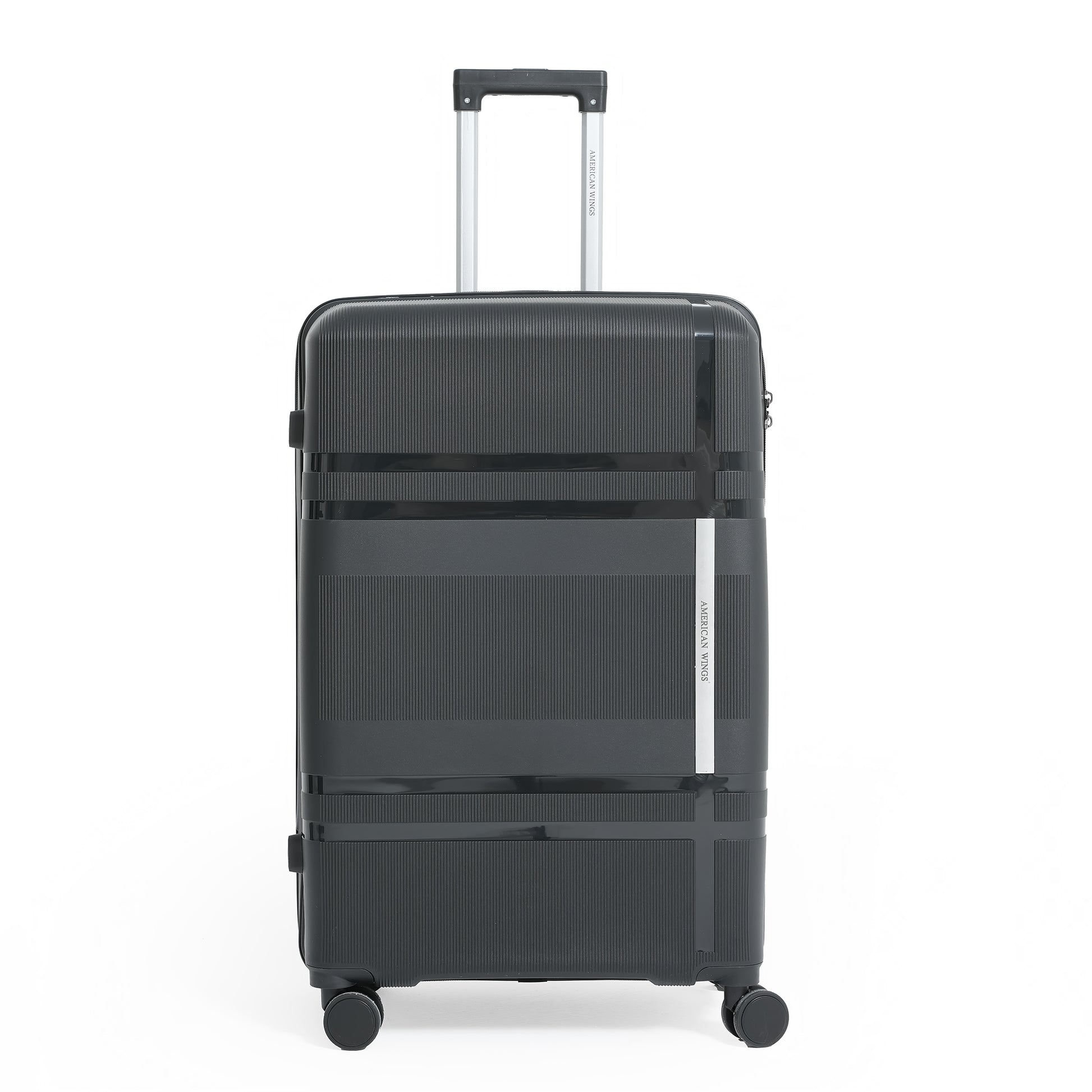Black suitcase with wheels on a white background
