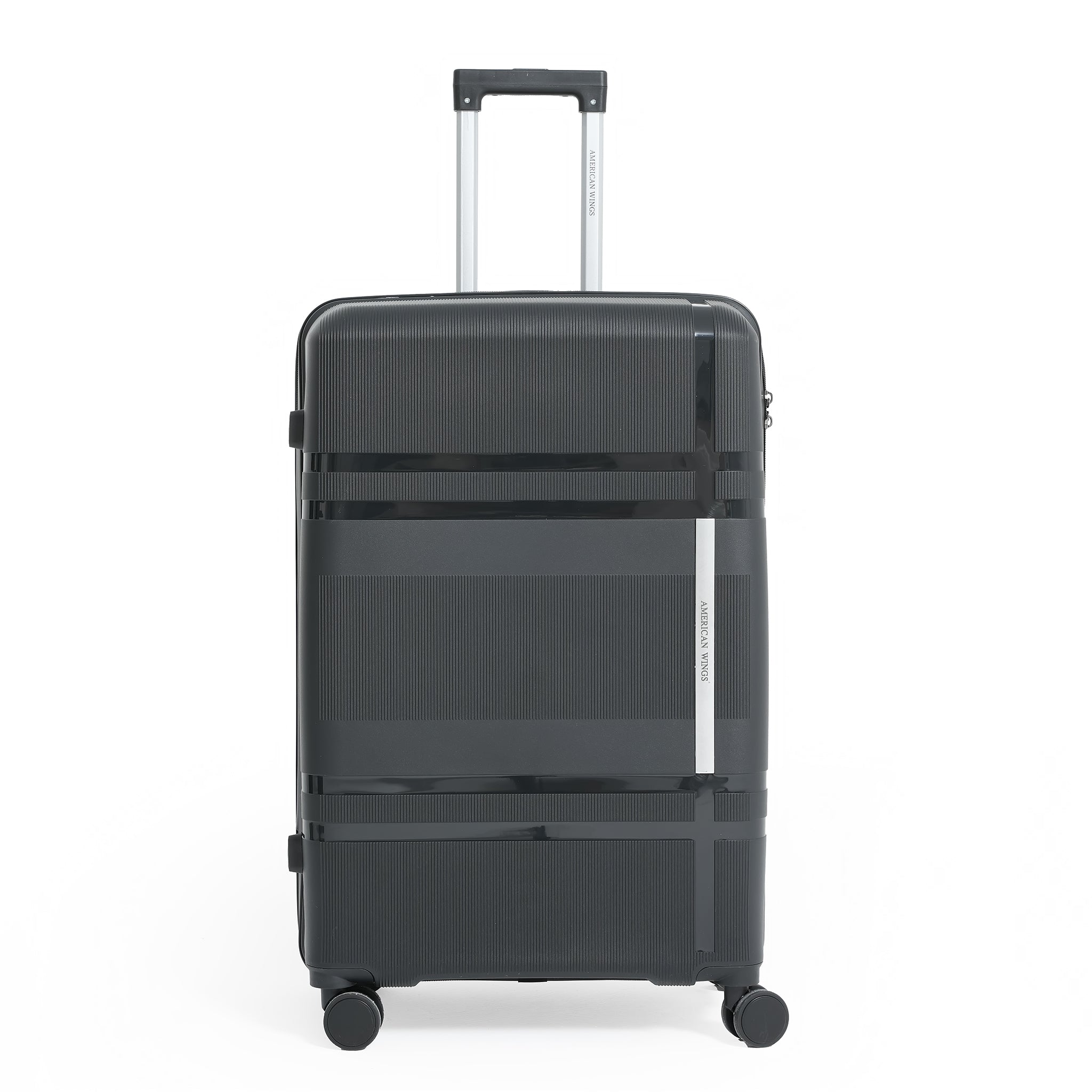 Black suitcase with wheels on a white background